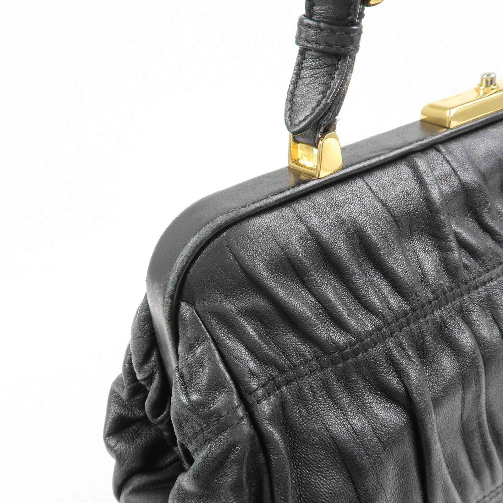 PRADA Logo Nappa Leather Gathered Shoulder Bag Hand Bag Black