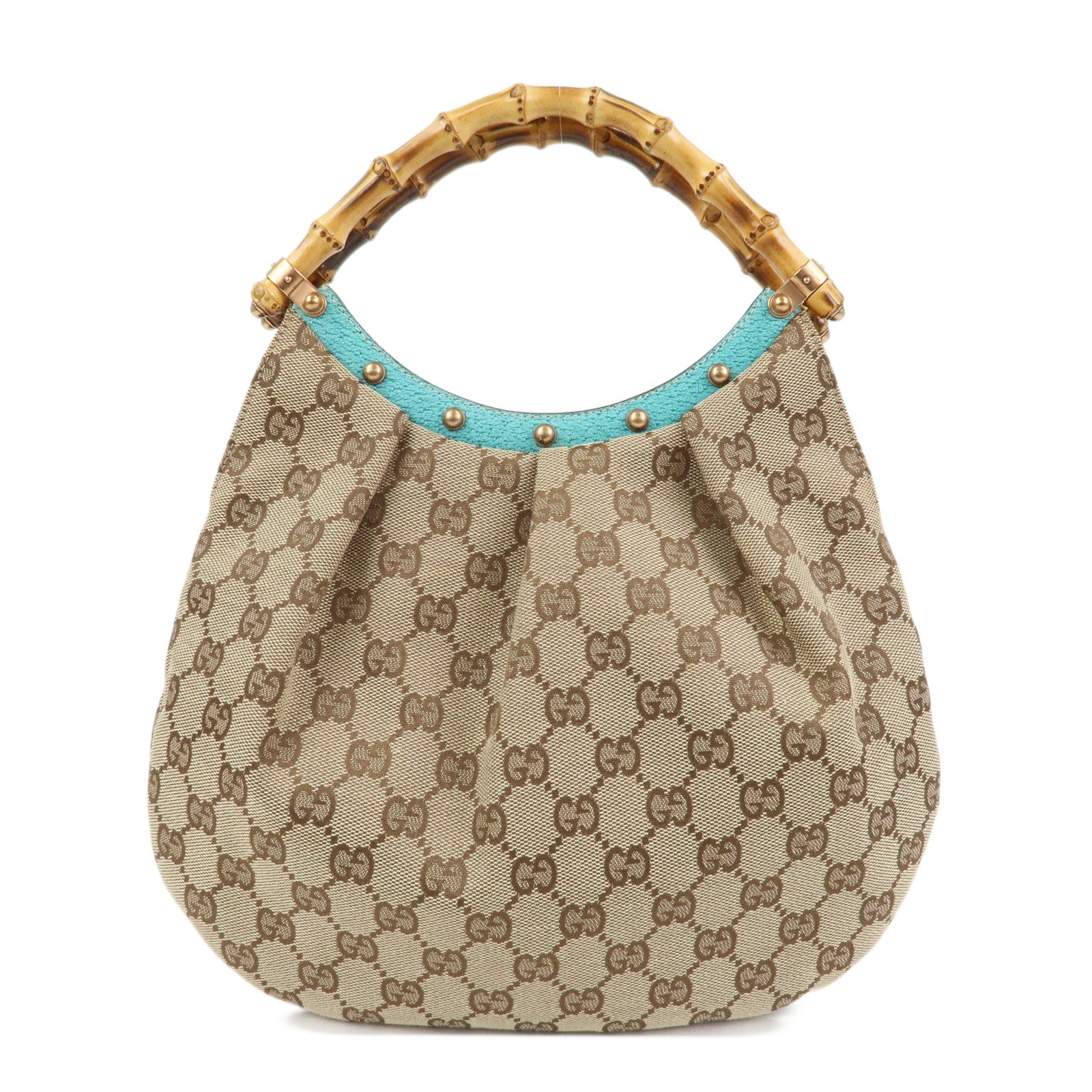 GUCCI Bamboo GG Canvas Leather Hand Bag Brown Light Blue 124297