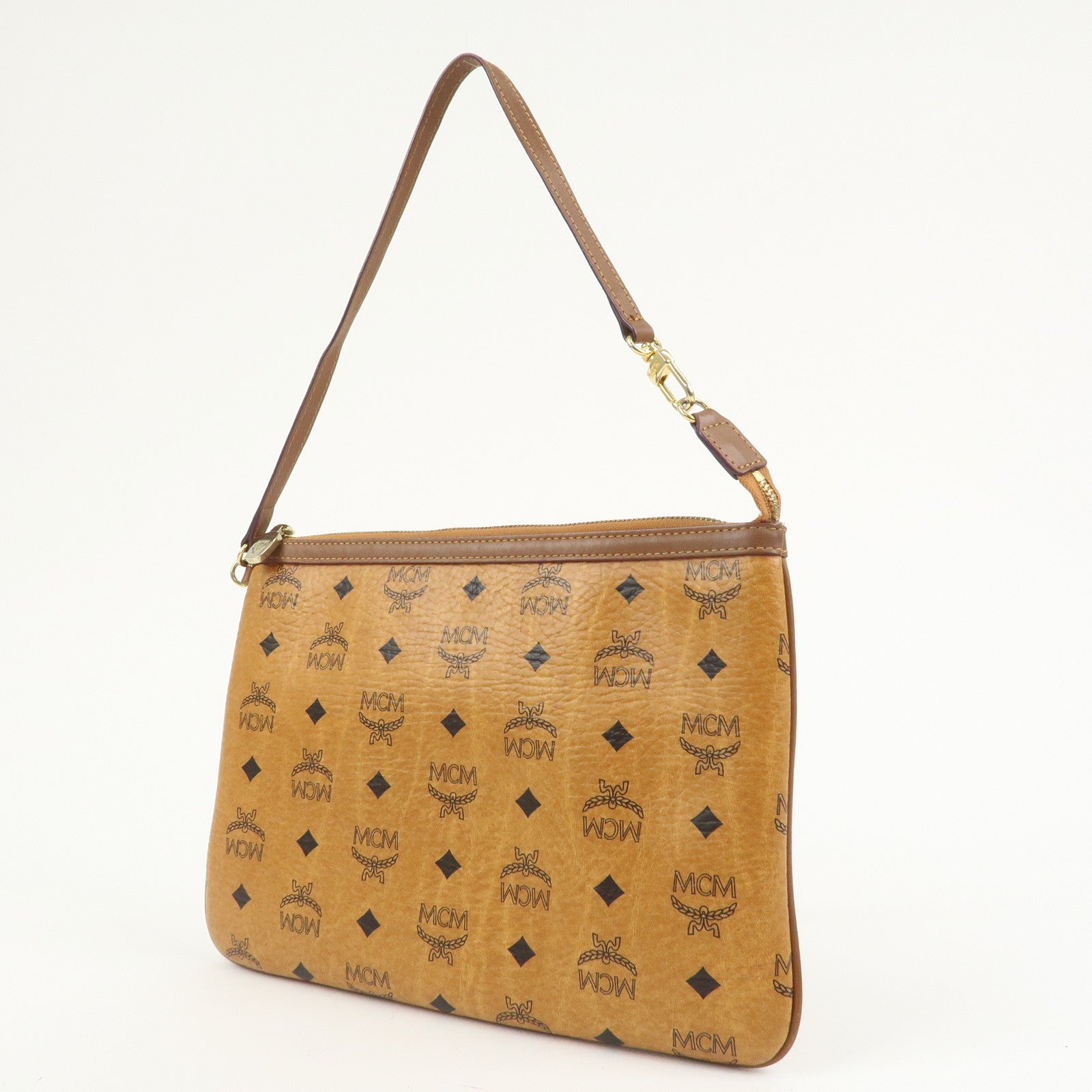 MCM Visetos Leather Shoulder Bag Crossbody Bag Brown Gold