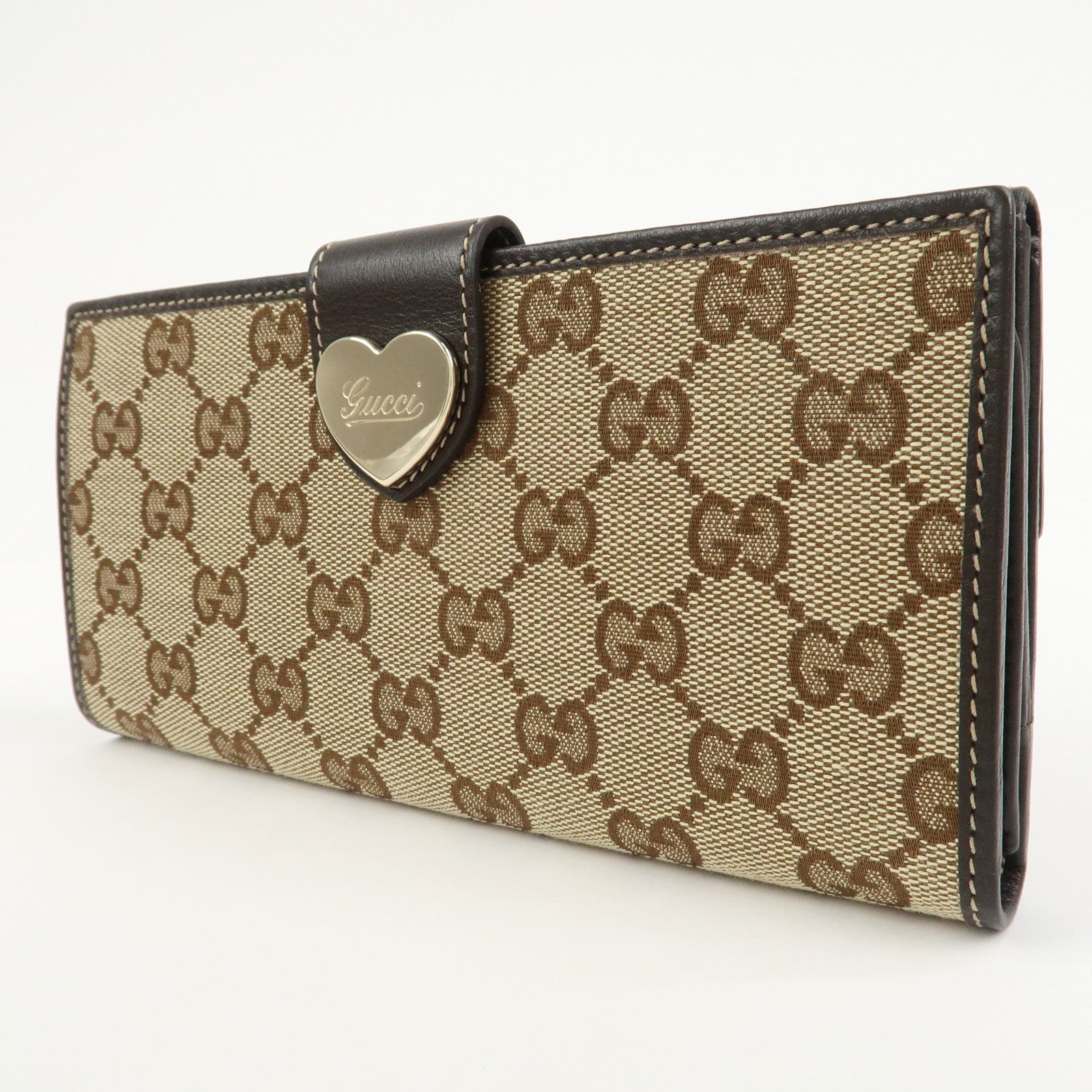 GUCCI Lovely Heart GG Canvas Bi-fold Long Wallet Beige Brown 203550