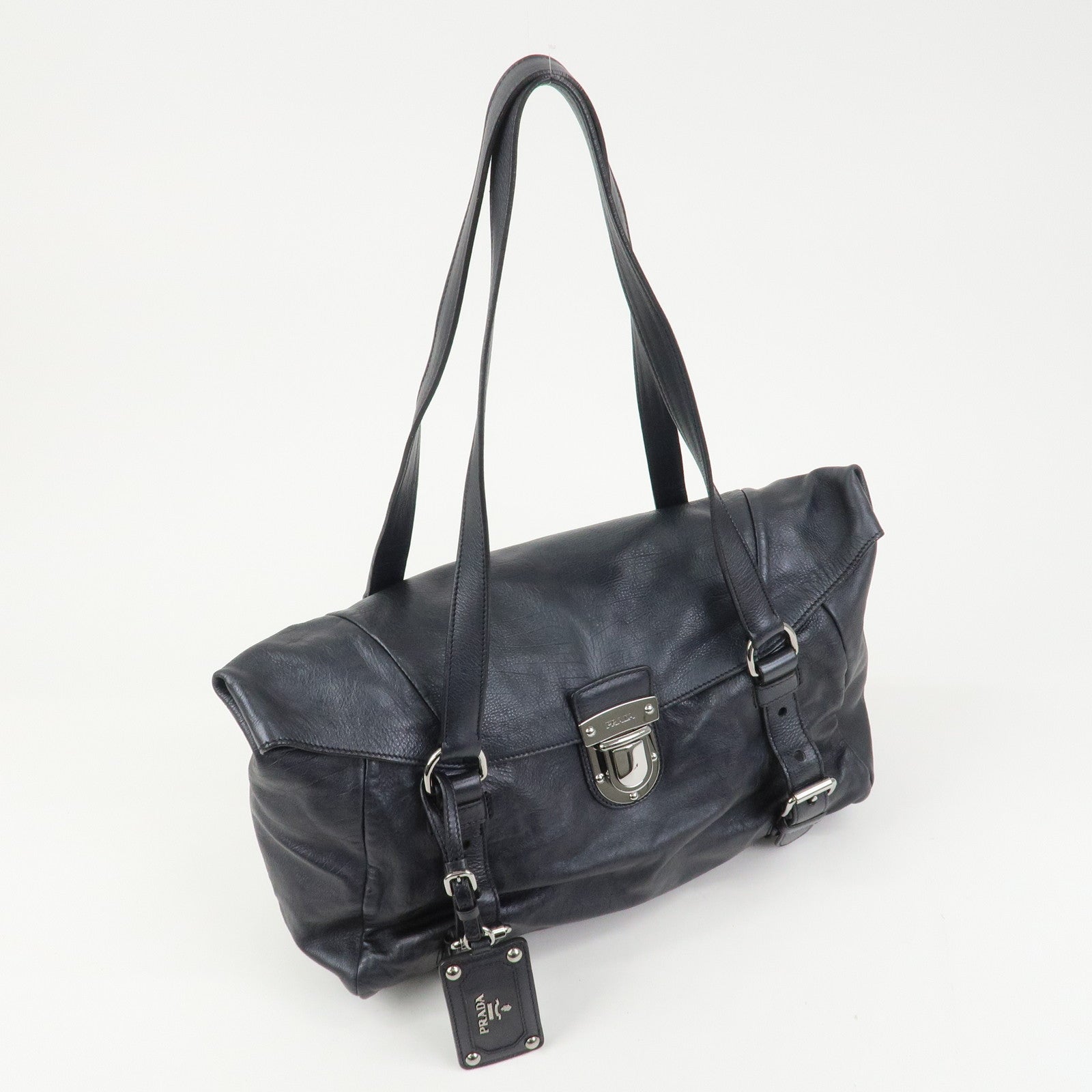 PRADA Logo Leather Shoulder Bag Hand Bag Black BR3901