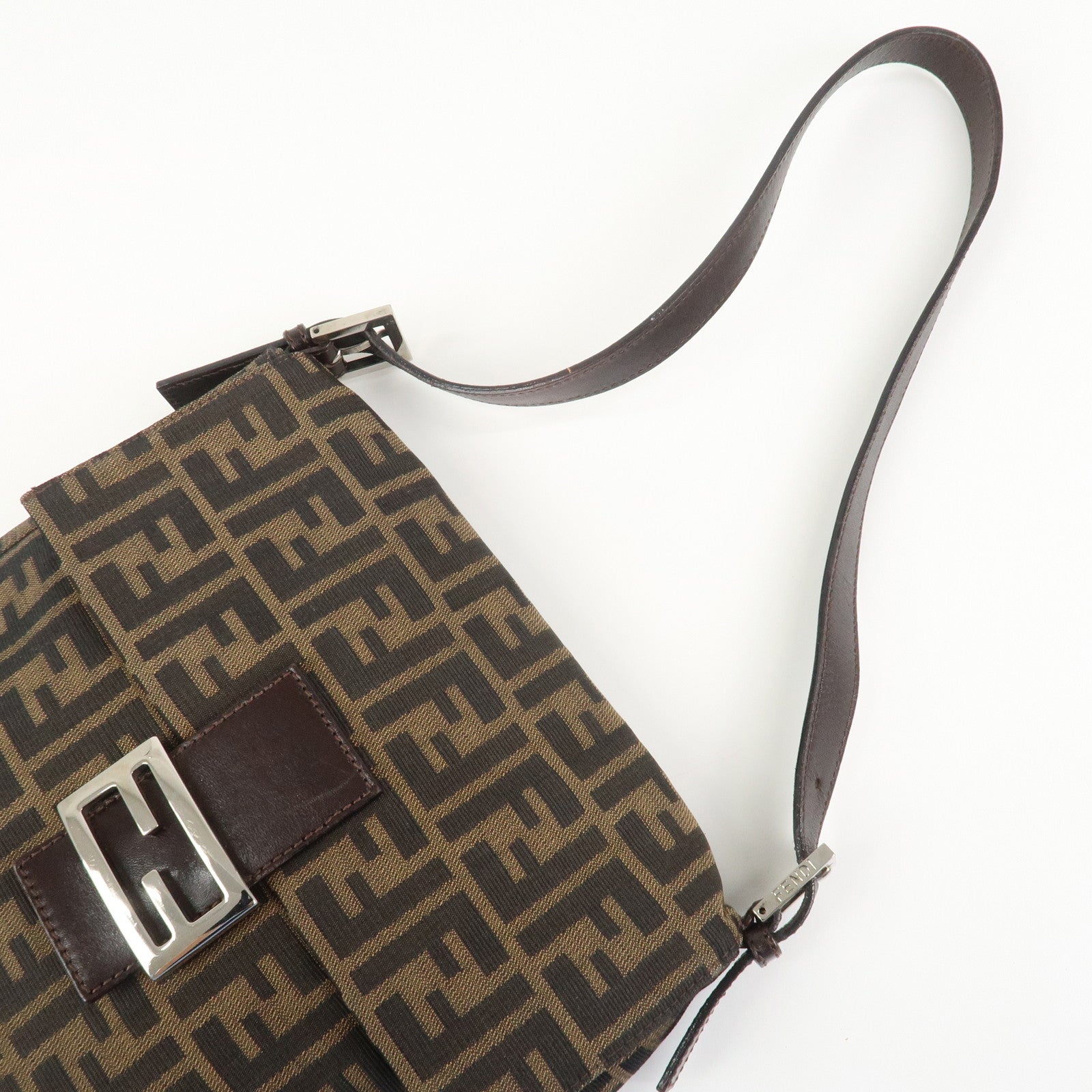 FENDI Zucca Canvas Leather Shoulder Bag Brown Black 26730