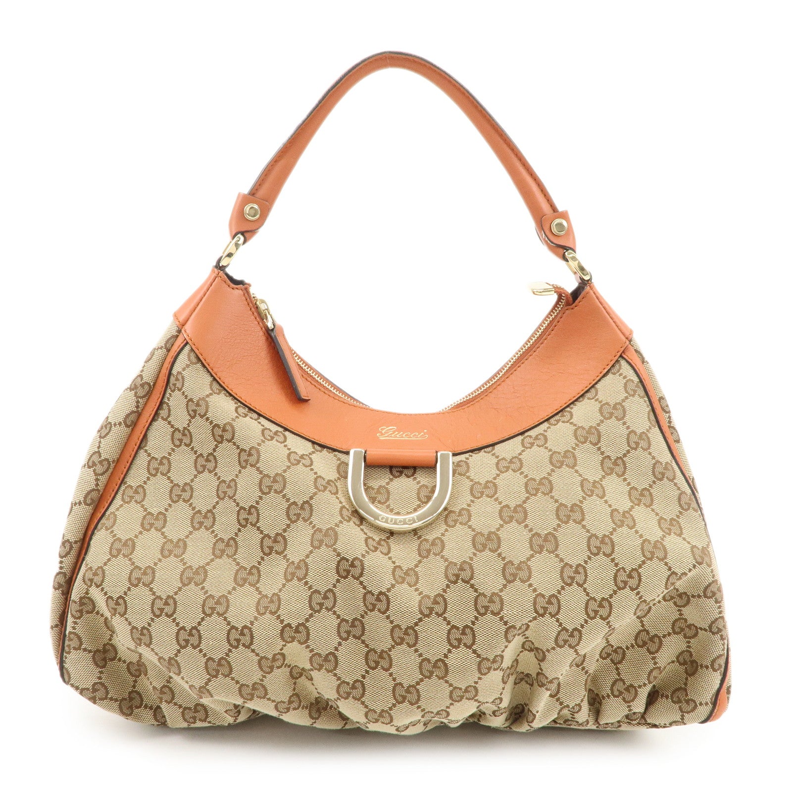 GUCCI Abbey Leather GG Canvas Shoulder Hand Bag Beige Orange 139260