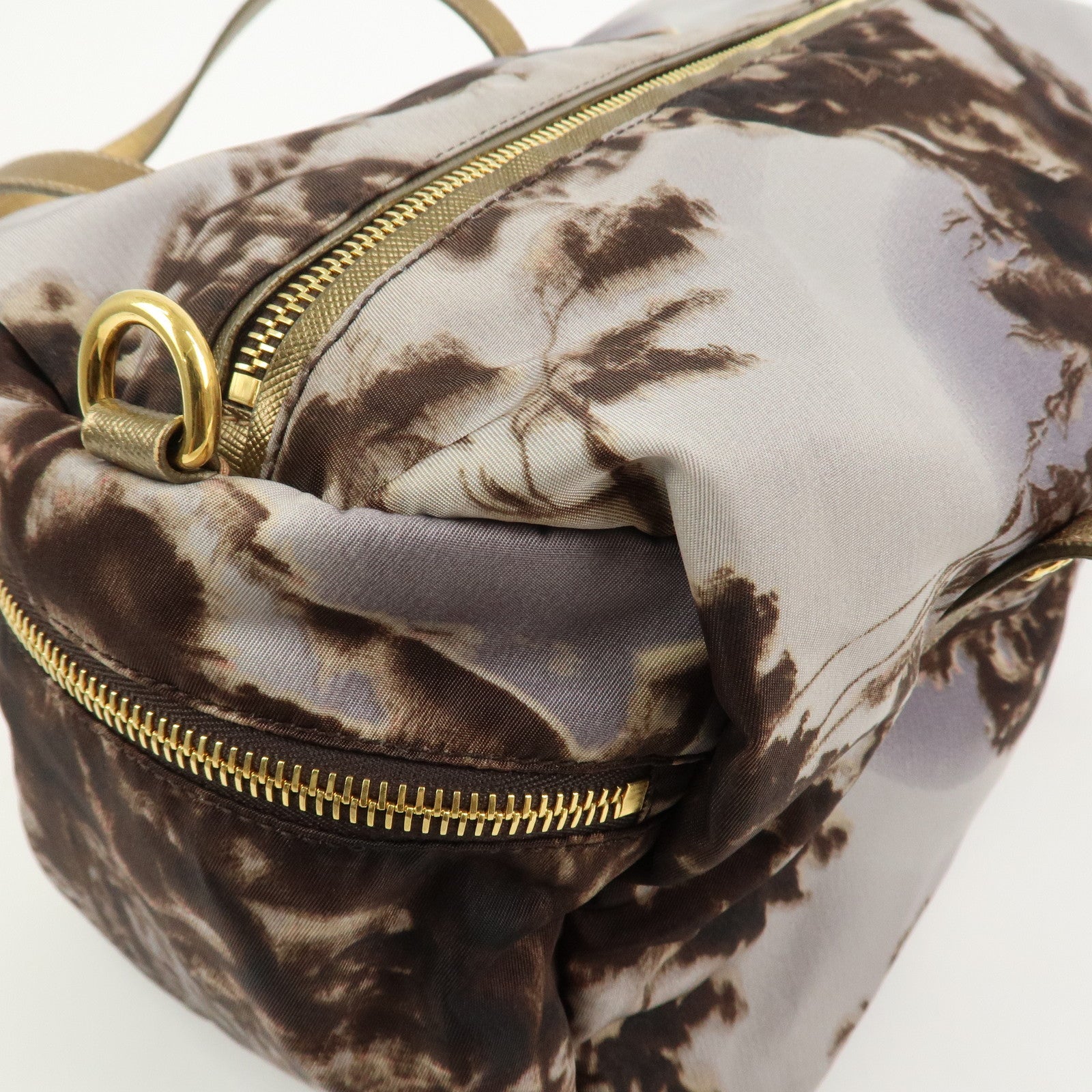 PRADA Logo Nylon Leather Boston Bag Shoulder Bag Gray Gold BL0567