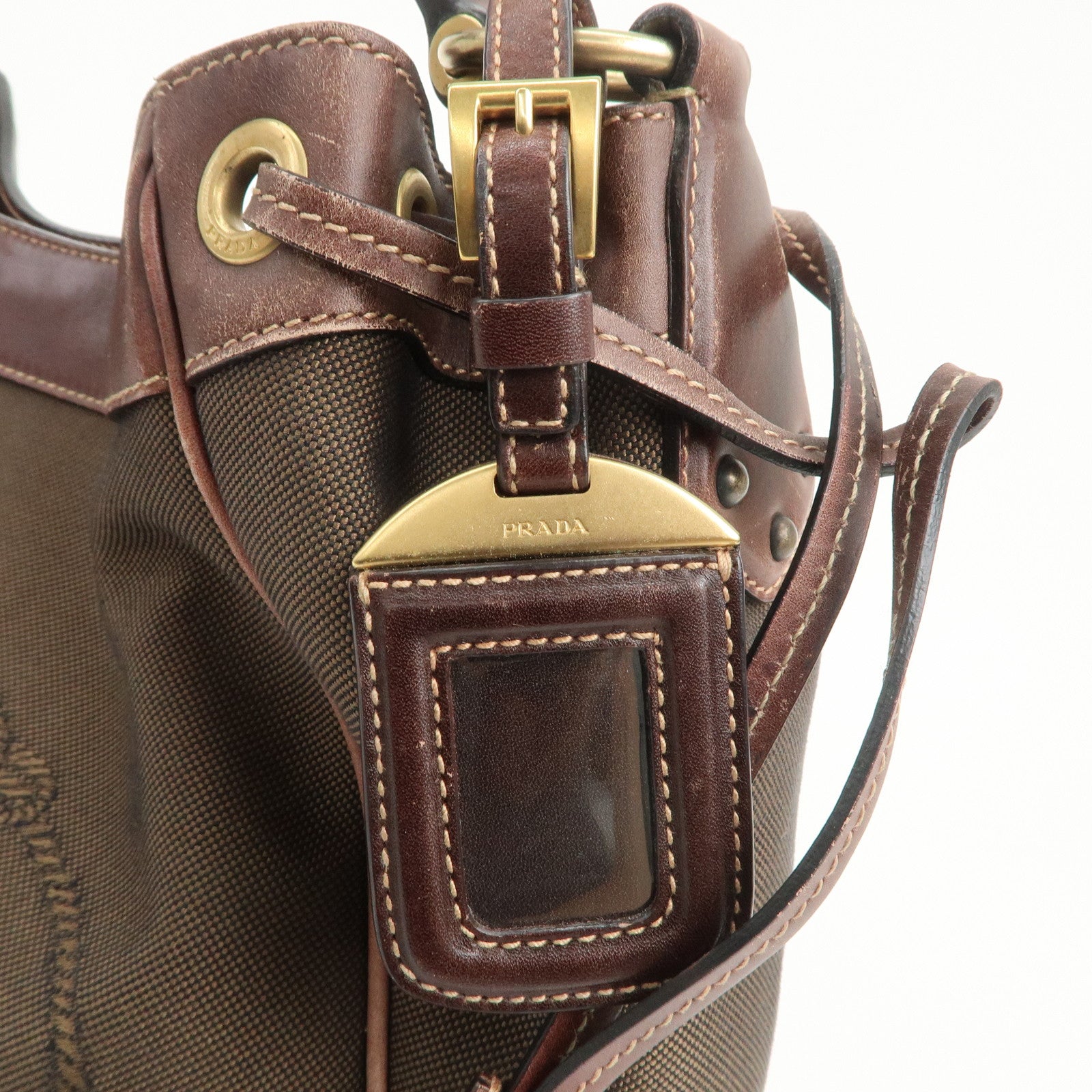 PRADA Triangle Logo Canvas Leather Shoulder Bag Hand Bag Brown