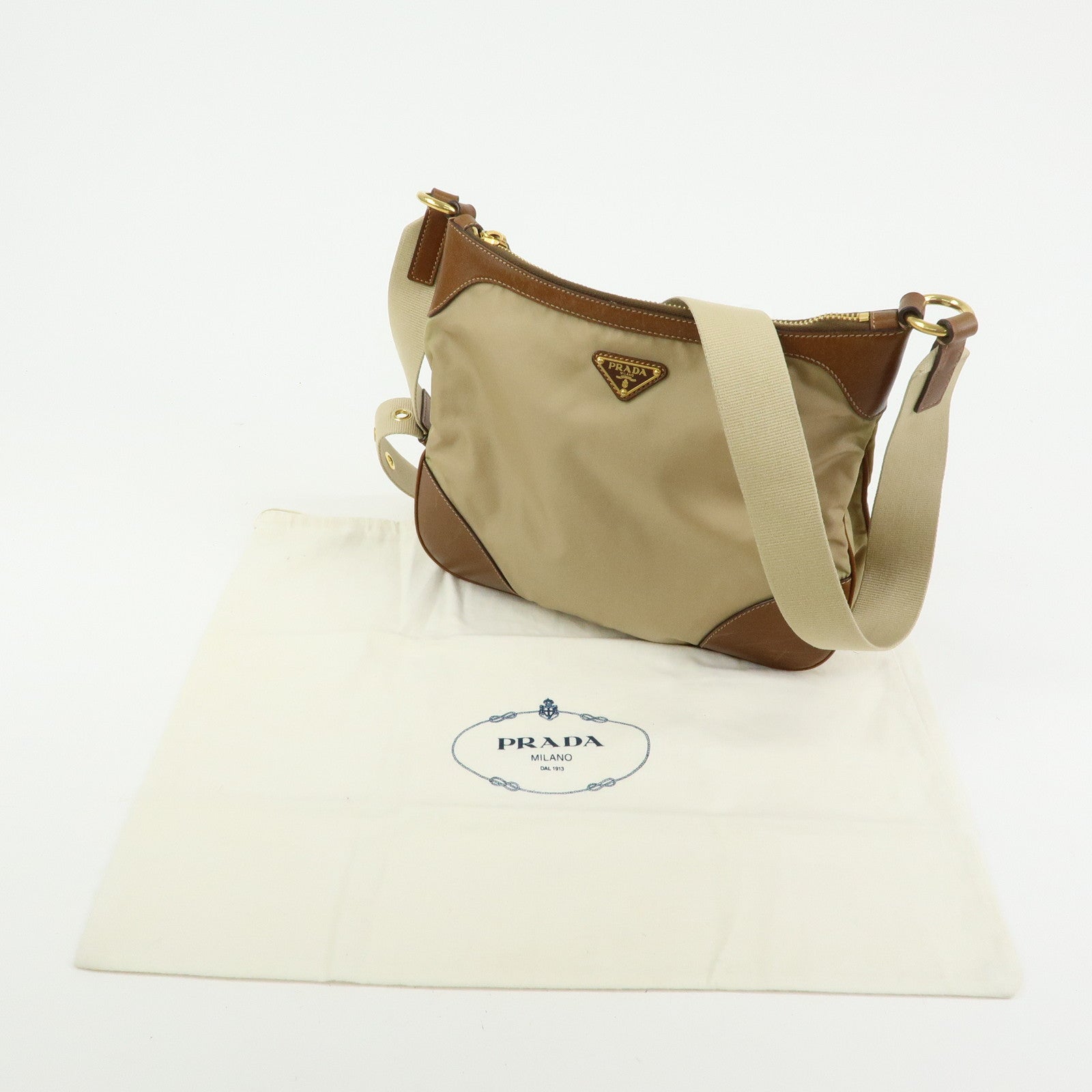 PRADA Triangle Logo Nylon Leather Shoulder Bag Crossbody Bag Beige