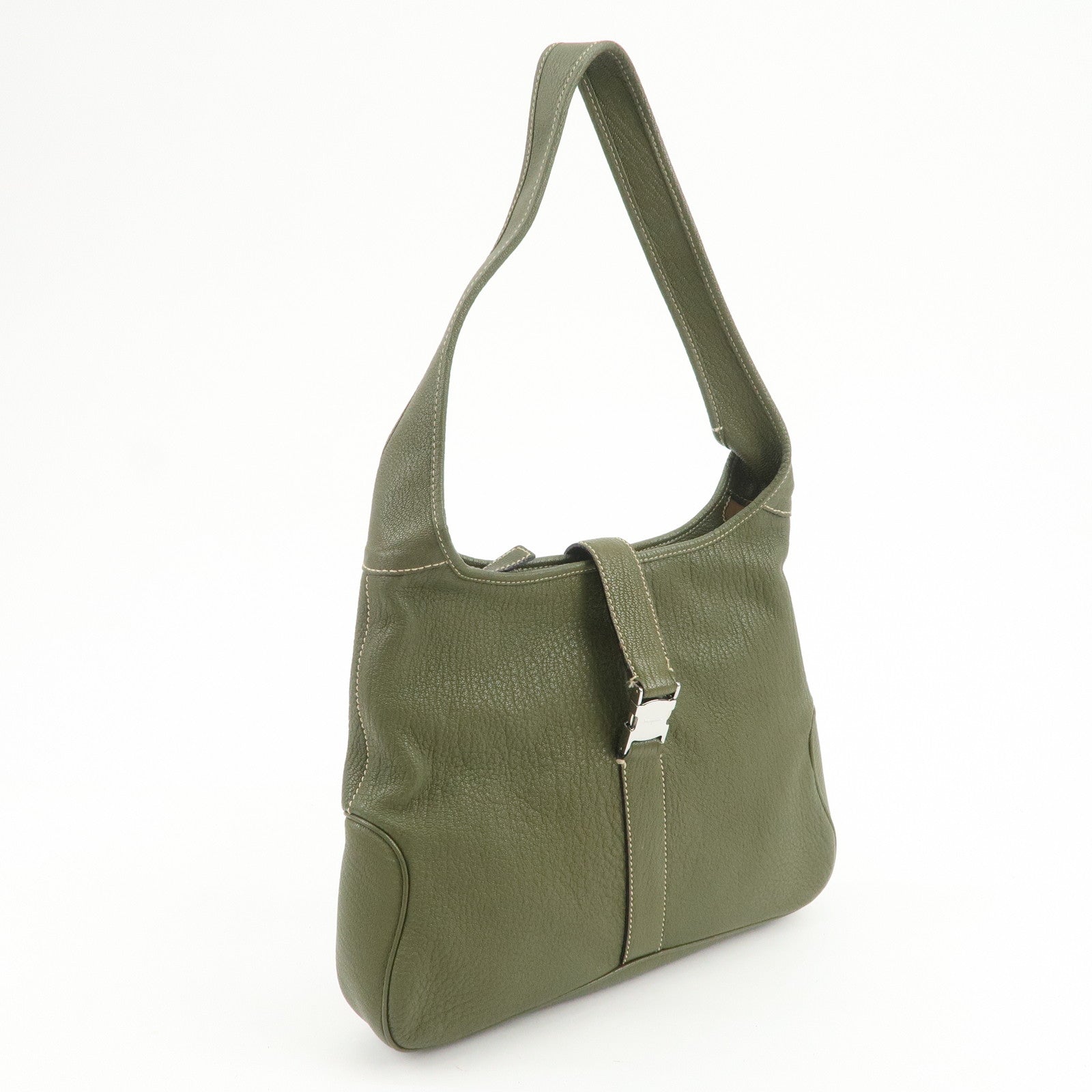 Ferragamo Logo Leather Shoulder Bag Hand Bag Khaki