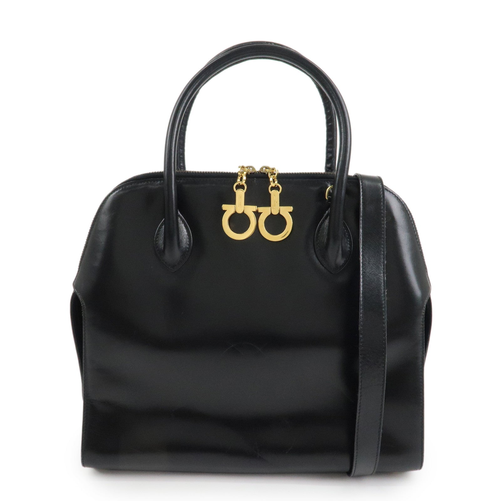Ferragamo Leather 2Way Hand Shoulder Bag Black Gold HDW AK5644 Used