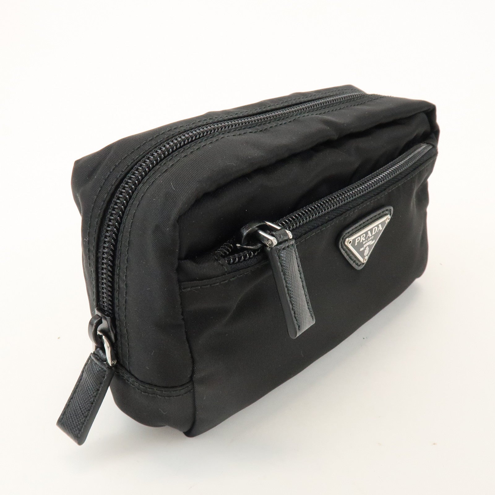 PRADA Triangle Logo Nylon Saffiano Leather Pouch Black 1NA393