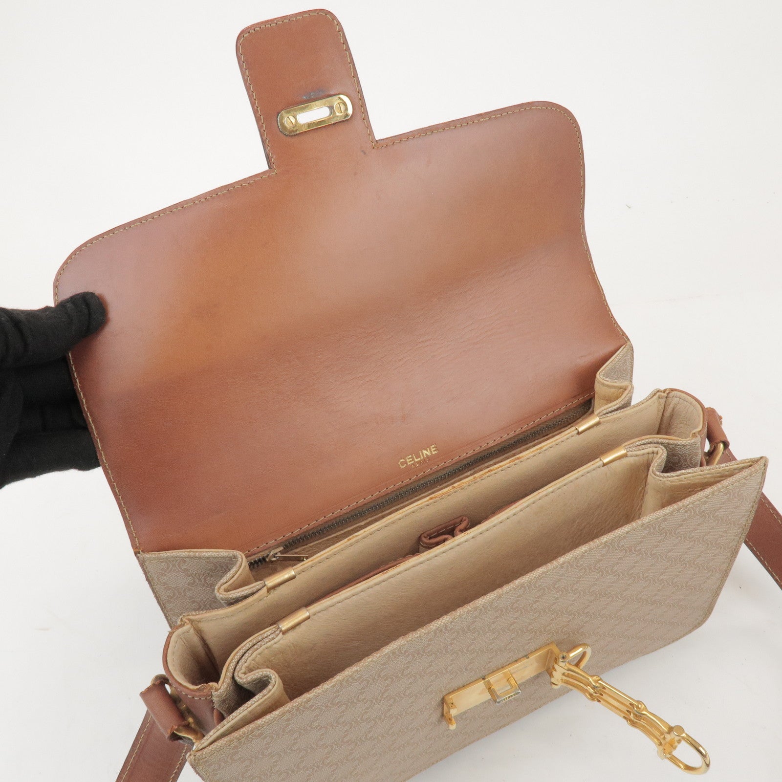 CELINE Macadam PVC Leather Shoulder Bag Beige Brown