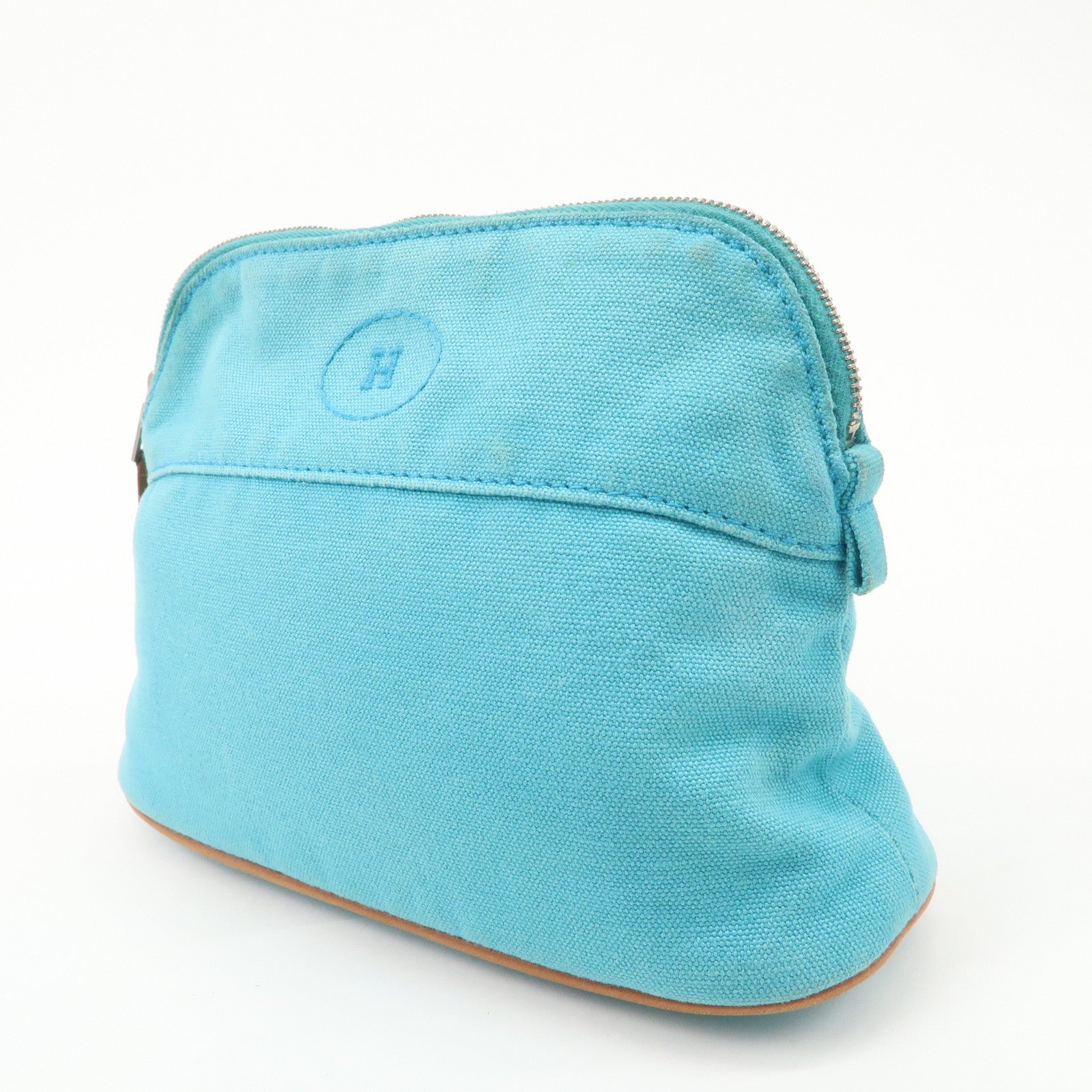 HERMES Set of 2 Leather Canvas Pouch Cosmetic Pouch Pink Blue Used