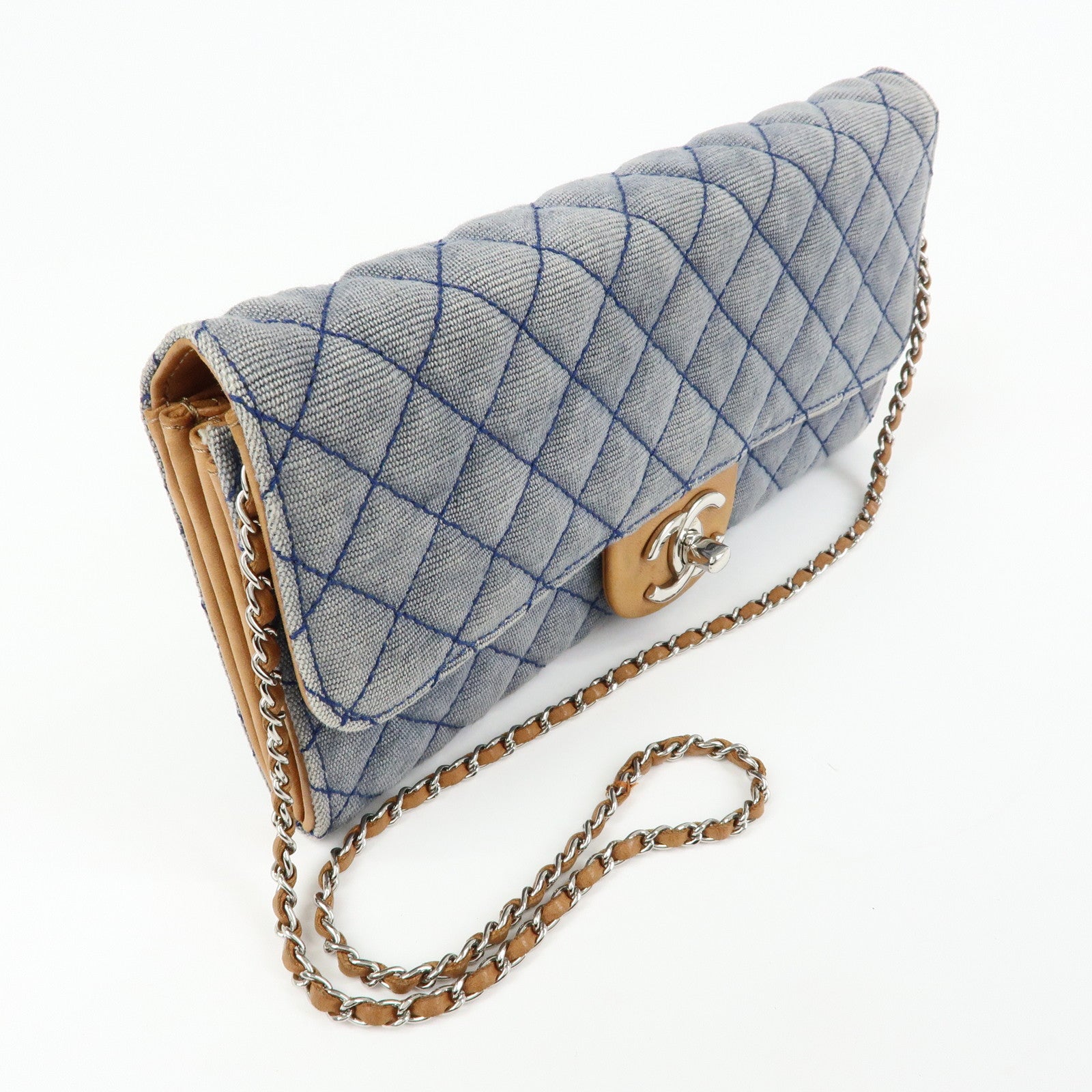 CHANEL Matelasse Denim Leather Chain Shoulder Bag Blue Light Brown