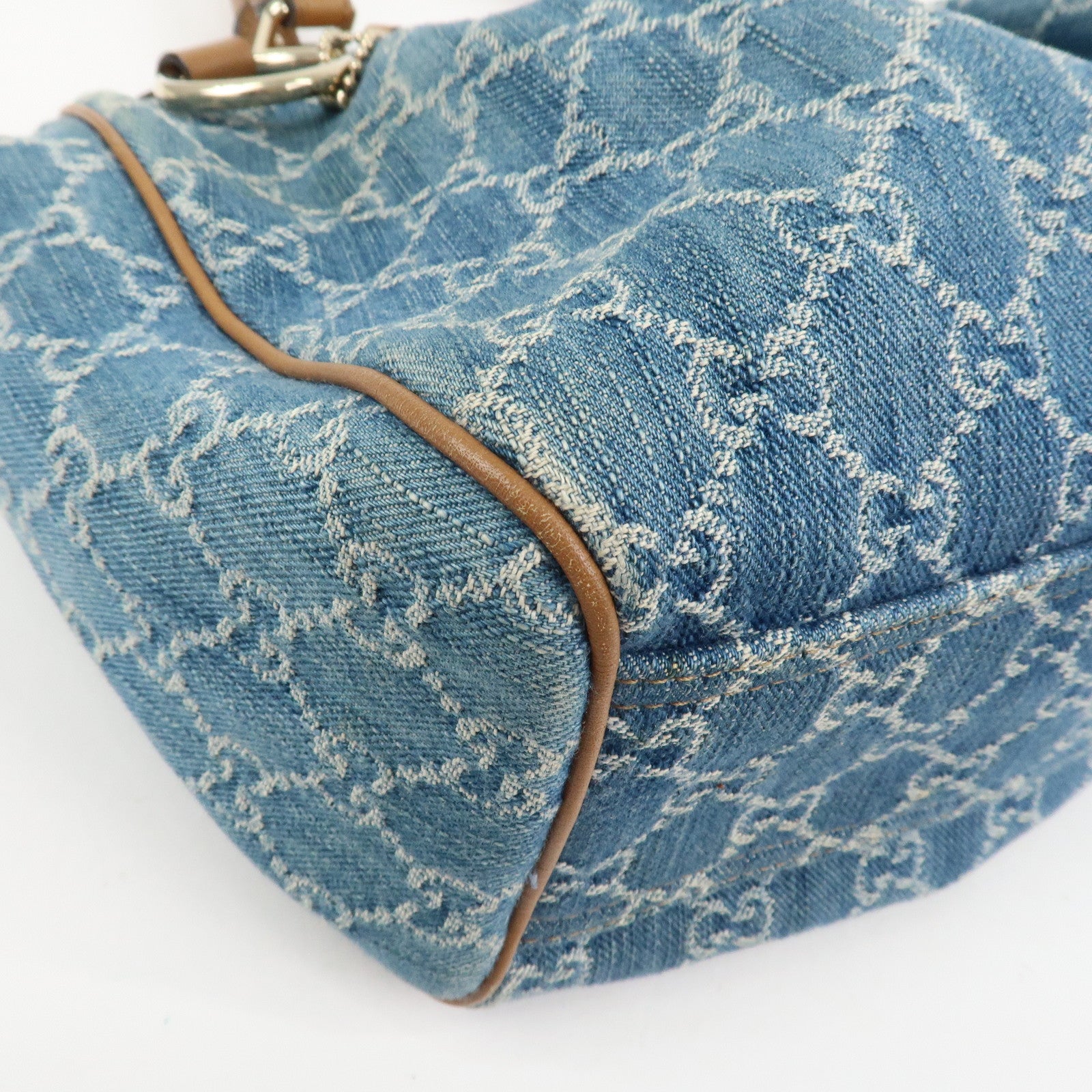 GUCCI Sukey GG Denim Leather Tote Bag Hand Bag Blue Brown 211944