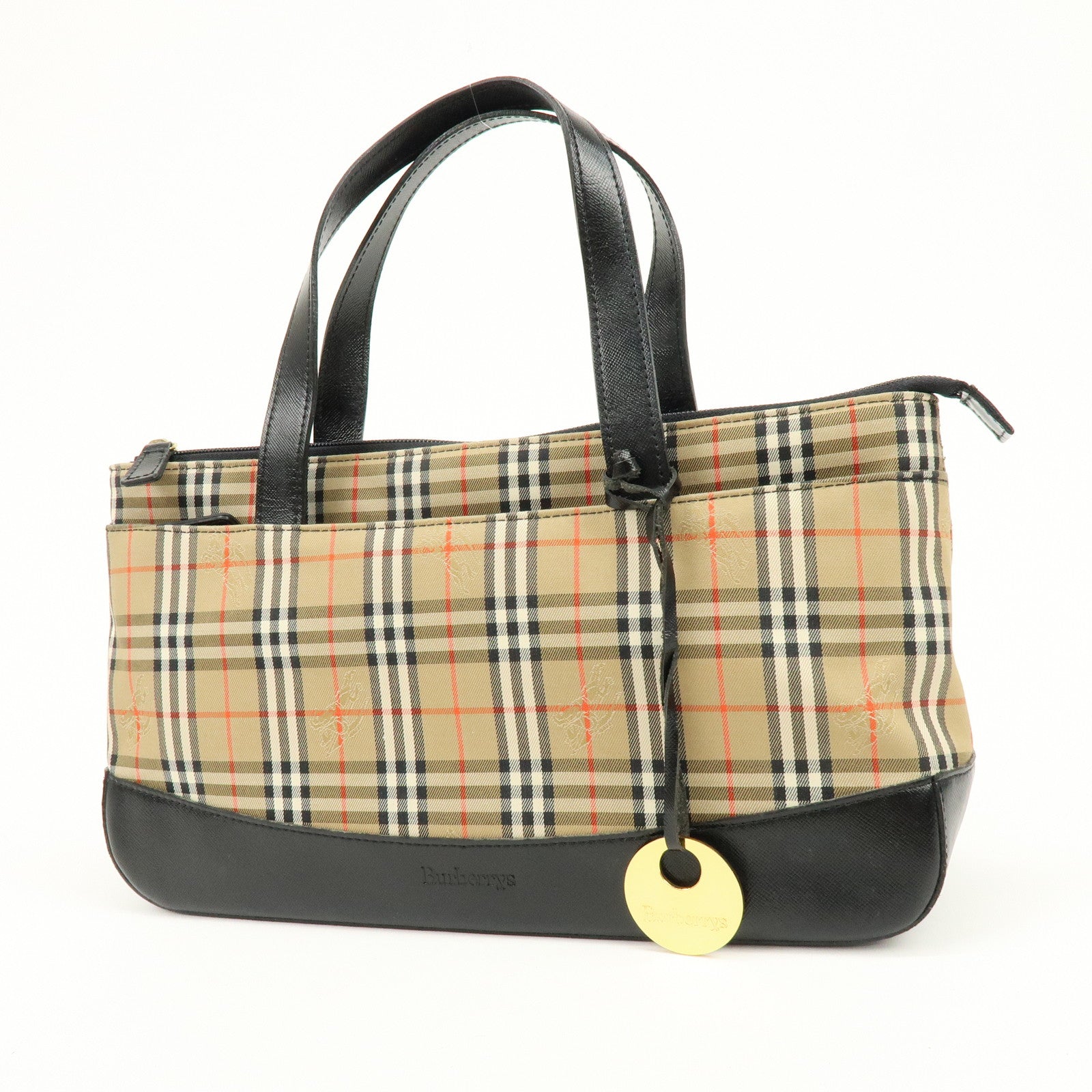 BURBERRY Canvas Leather Nova Plaid Tote Bag Hand Bag Brown Black