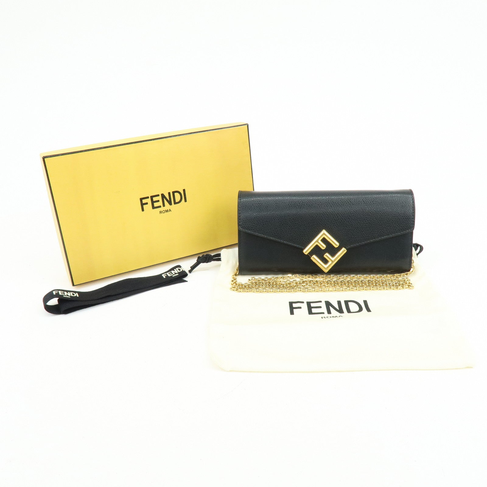 FENDI Leather Chain Wallet WOC Black 8M0365