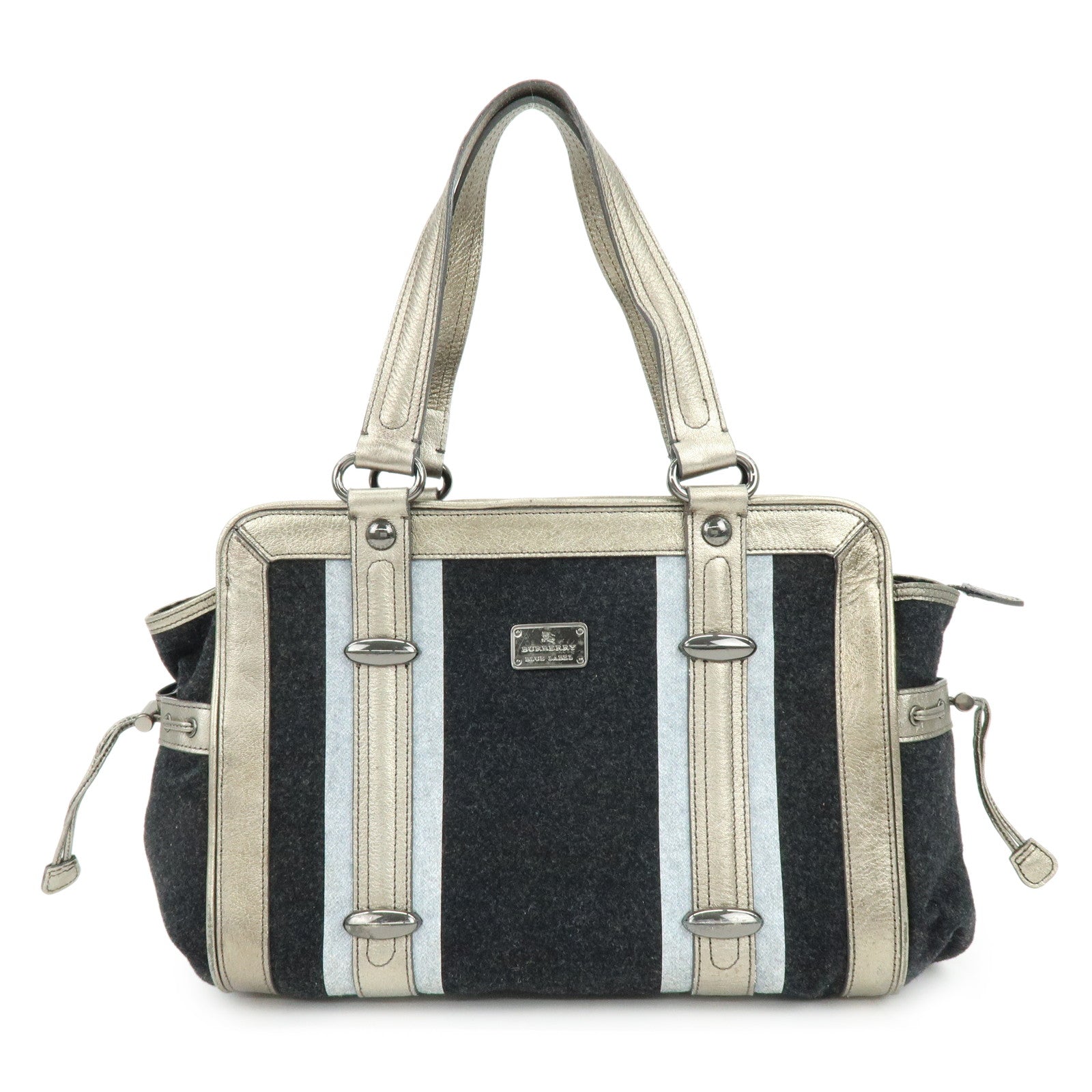 BURBERRY Blue Label Wool Leather Tote Bag Shoulder Bag Black Gold