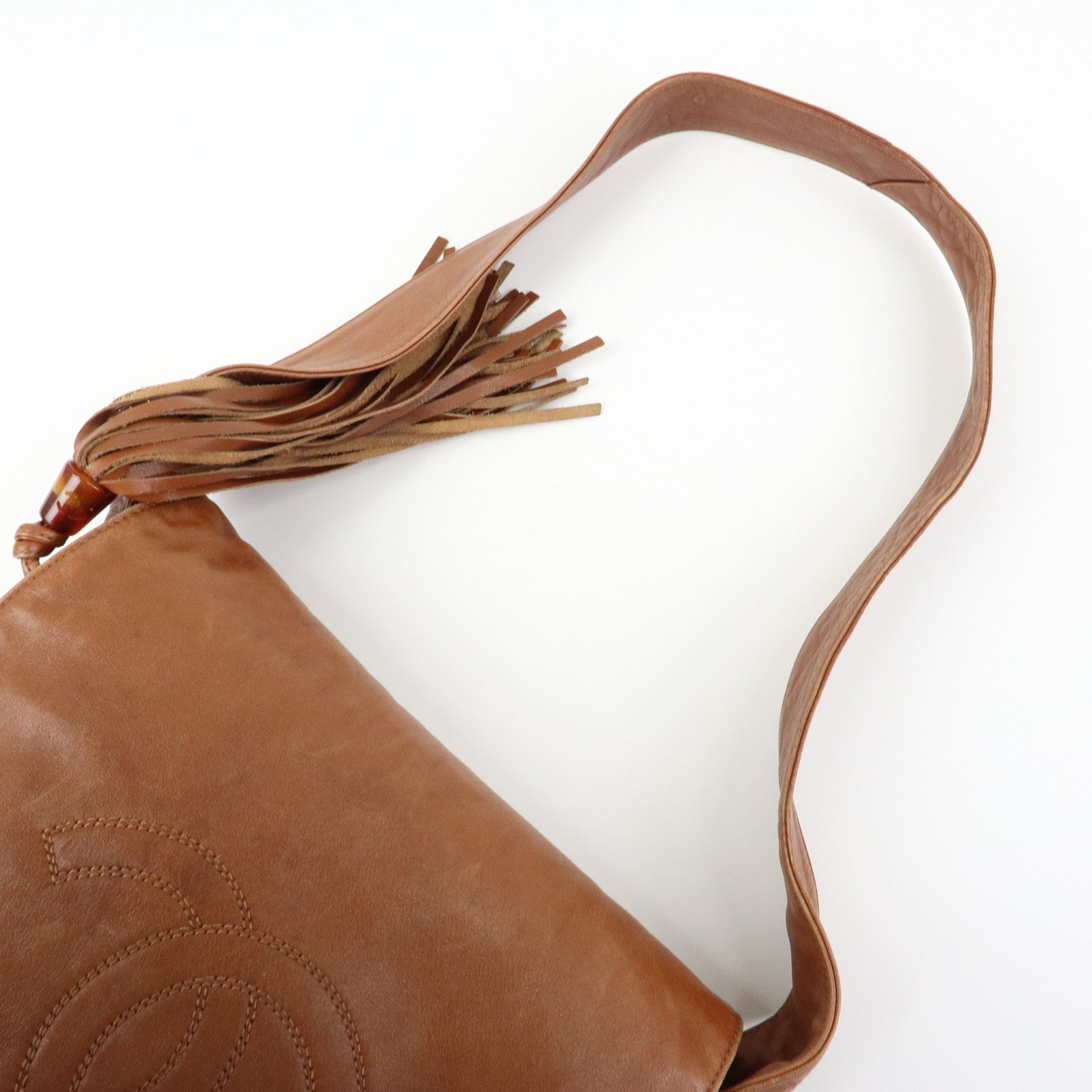 CHANEL COCO Mark Leather Shoulder Bag Tassel Charm Brown