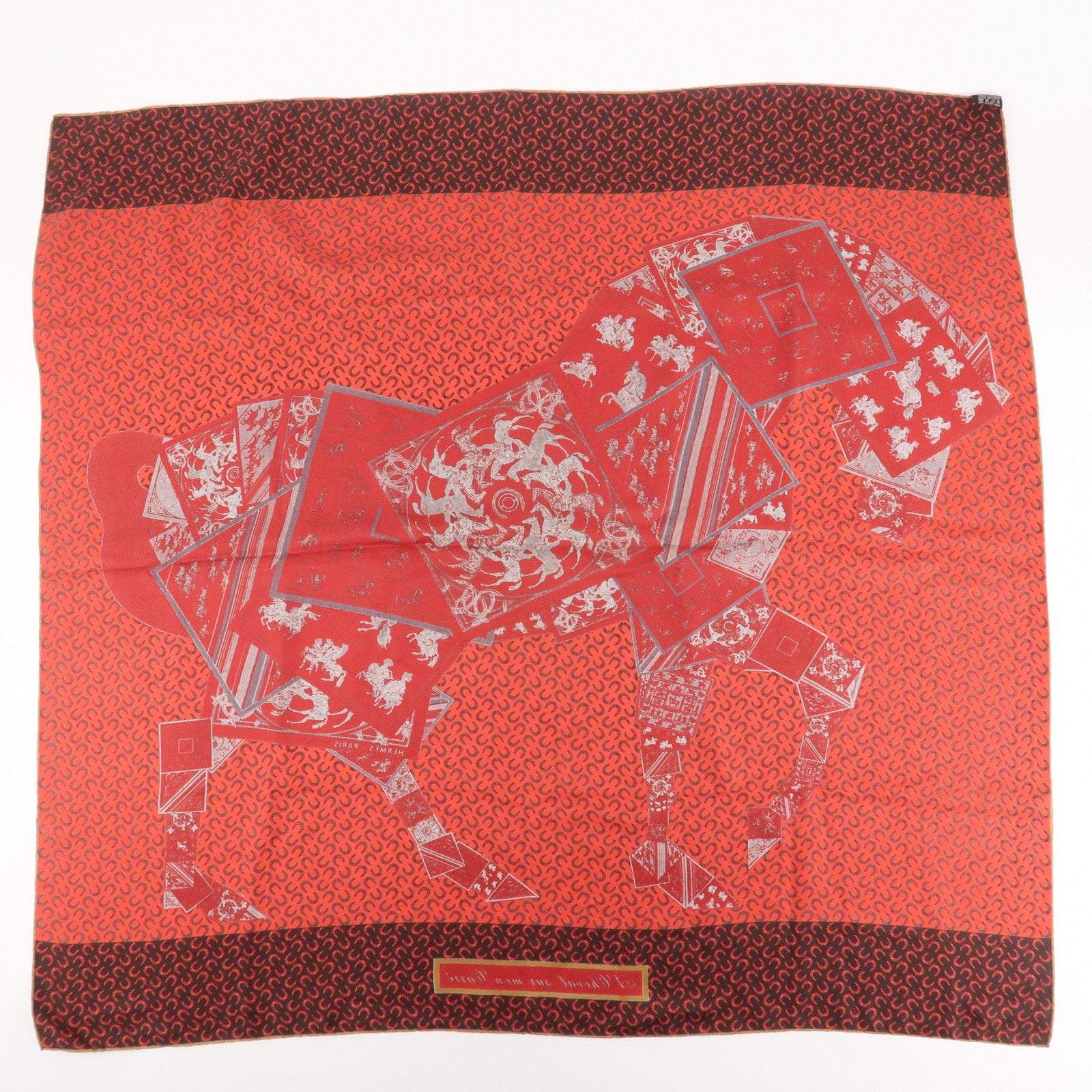 HERMES Carre 90 Silk 100% Scarf  Porte Bonheur Horse Pattern Red Used