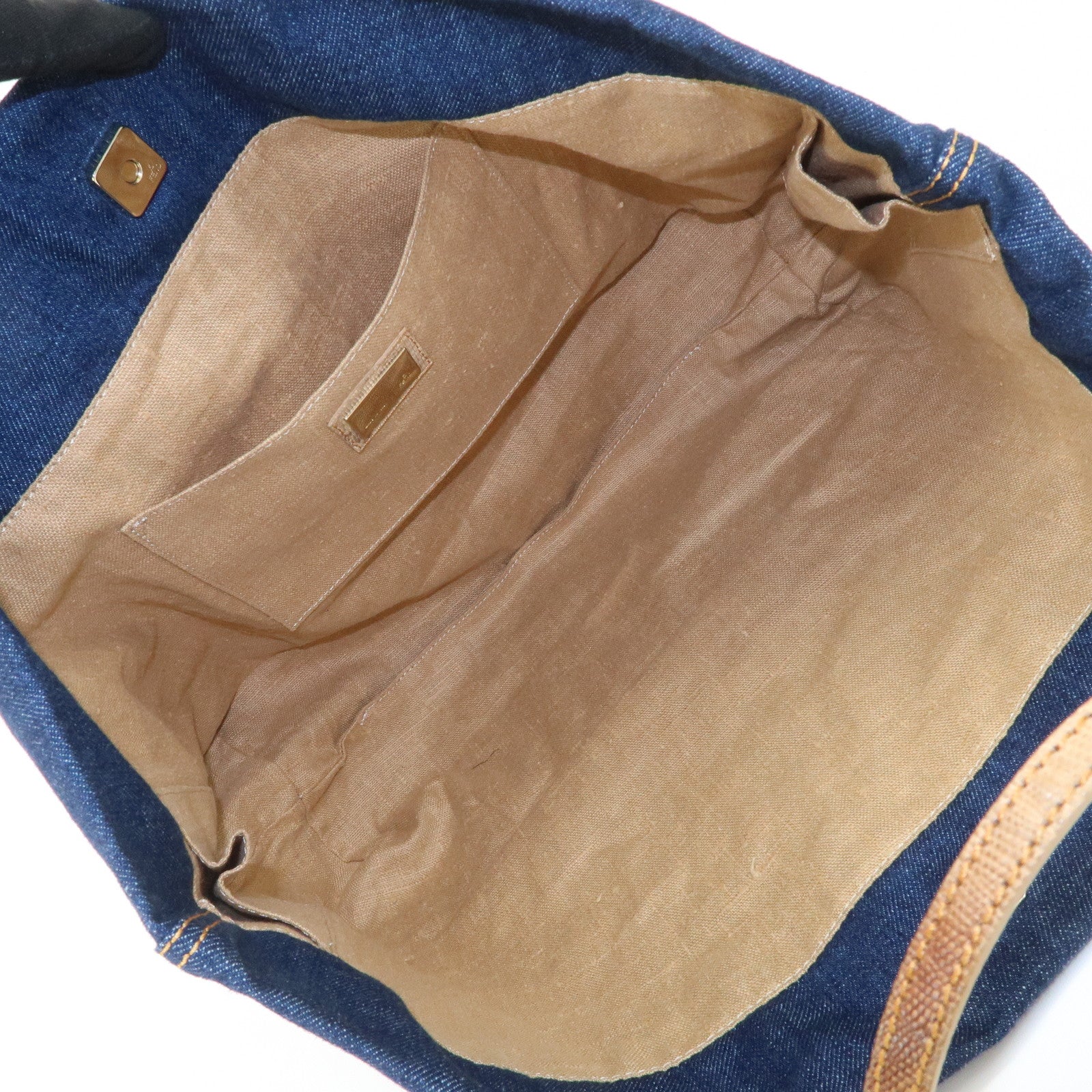 FENDI Denim Tote Bag Hand Bag Logo Charm Navy