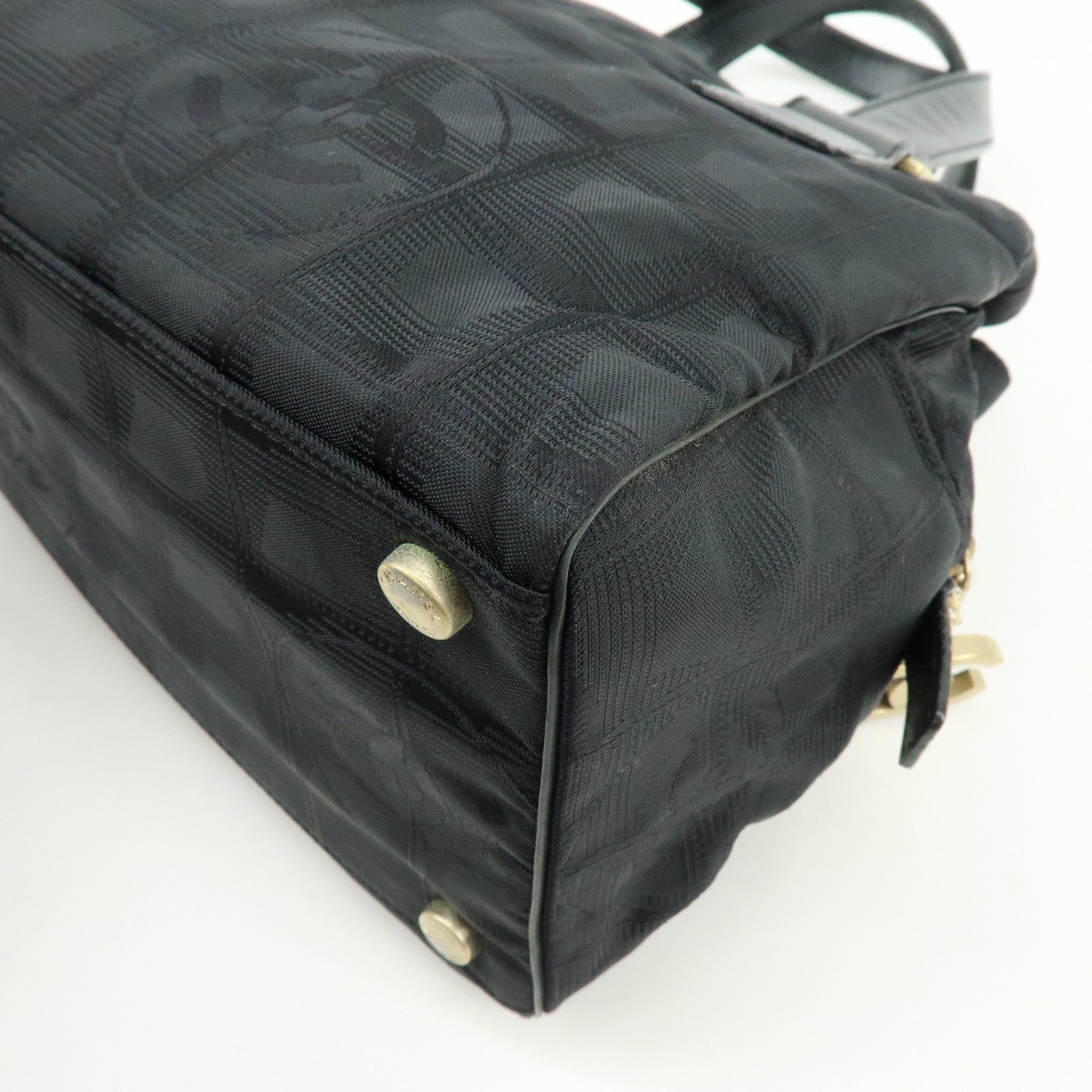 CHANEL New Travel Line Nylon Jacquard Leather Hand Bag Black