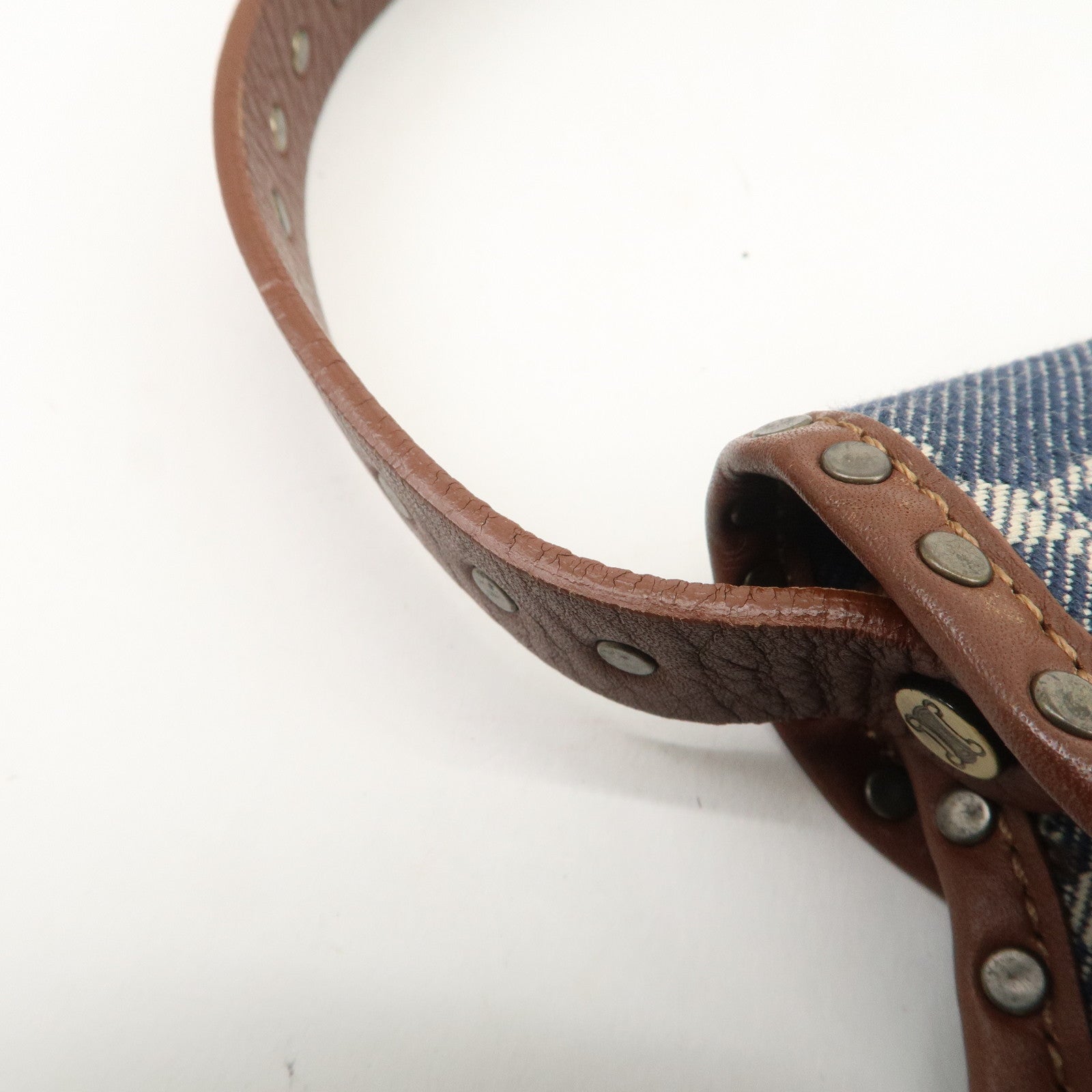 CELINE Macadam Canvas Leather Shoulder Bag Hand Bag Navy Brown