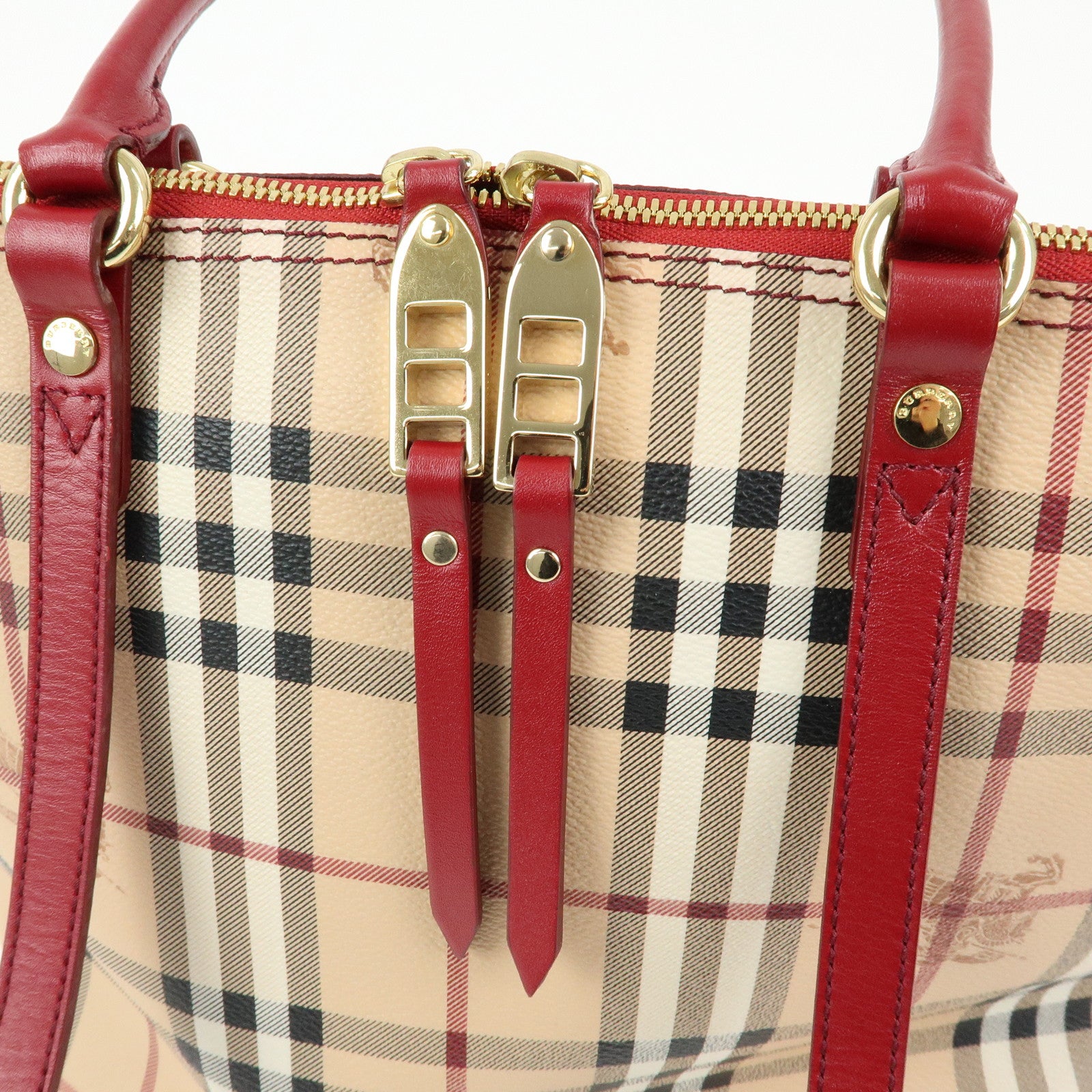 BURBERRY Nova Plaid PVC Leather Tote Bag Hand Bag Beige Red