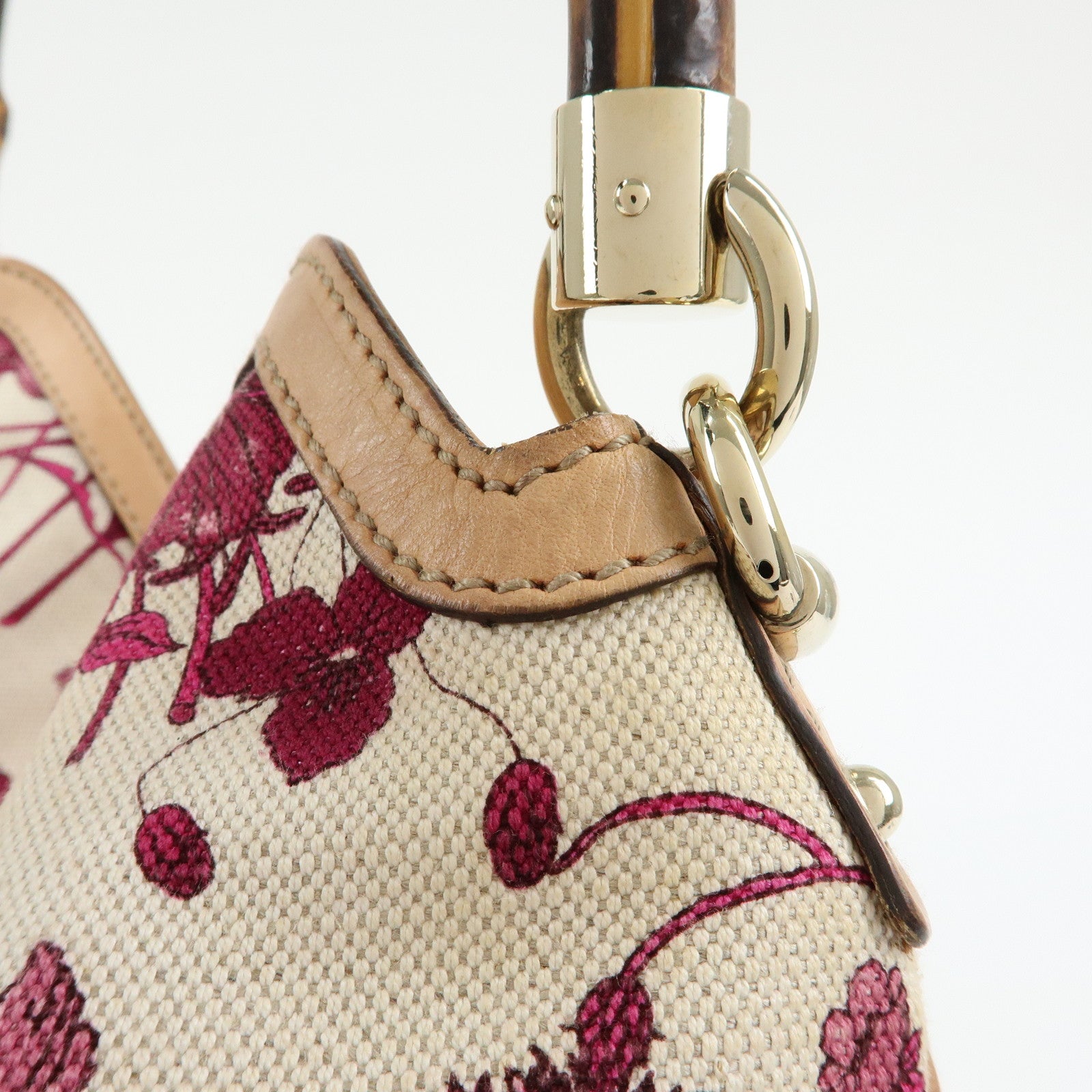 GUCCI Bamboo Flora Canvas Leather 2Way Shoulder Bag Pink 169976