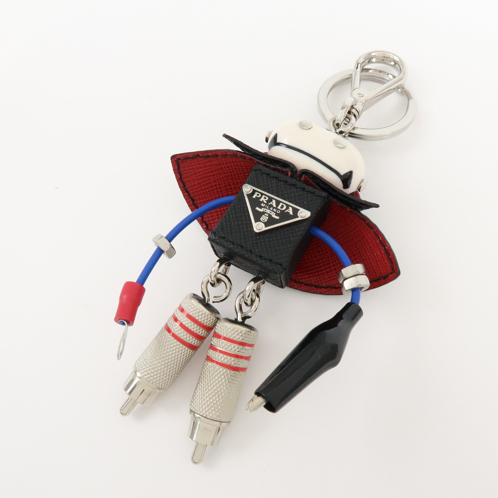PRADA Triangle Logo Metal Saffiano Leather Bag Key Charm Black Red