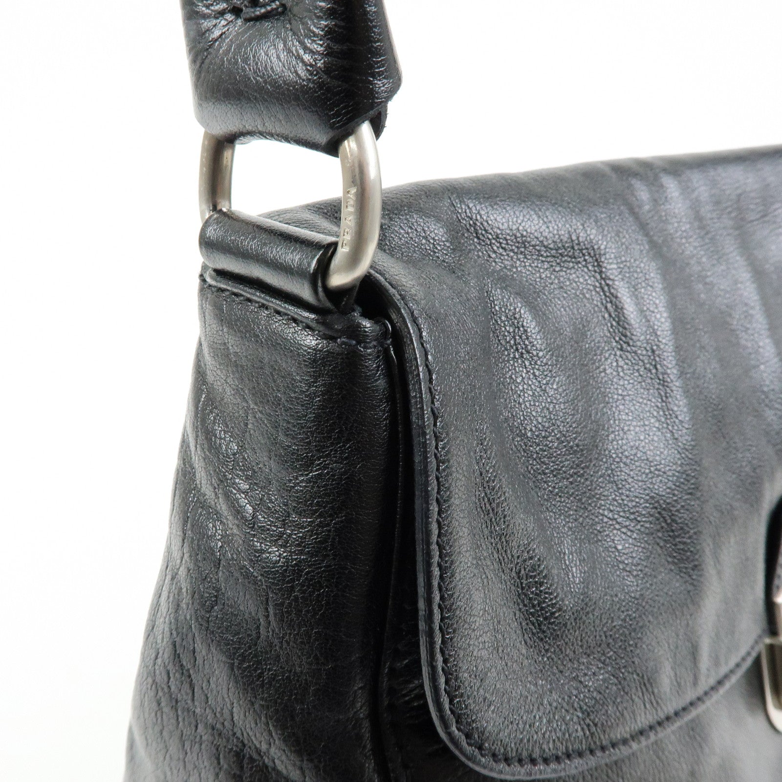 PRADA Triangle Logo Leather Hand Bag Shoulder Bag Black