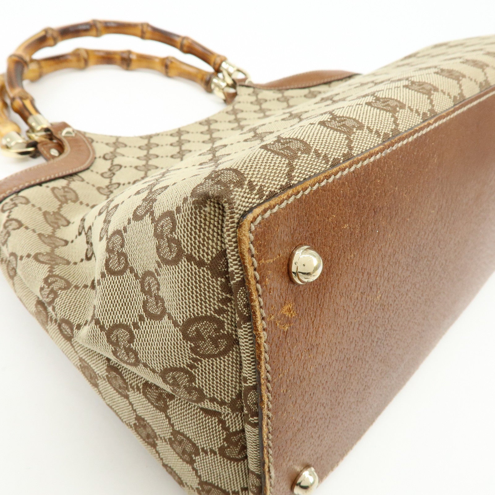 GUCCI Bamboo GG Canvas Leather Tote Bag Hand Bag Brown Beige 137395