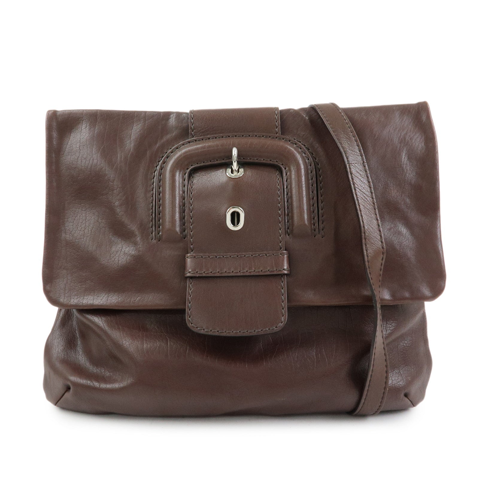 TOD'S Leather Belt Accent Flap Shoulder Bag Crossbody Bag Brown