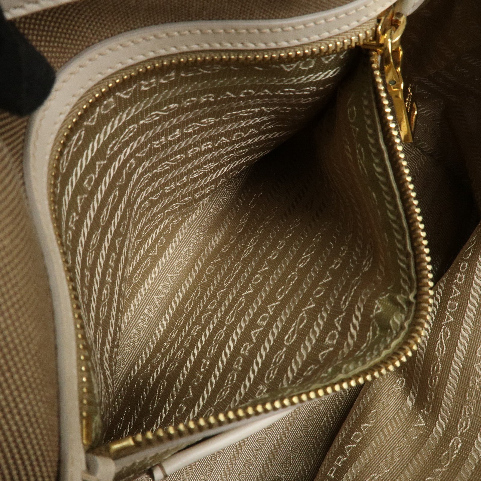 PRADA Logo Jaquard Leather 2Way Hand Bag Shoulder Bag Beige White