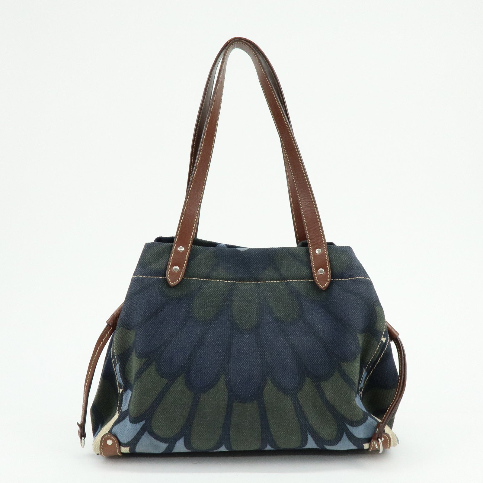 MIU MIU Canvas Leather Tote Bag Shoulder Bag Flower Motif Navy