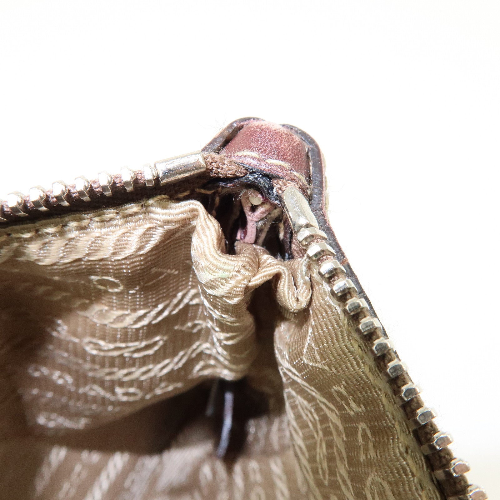 PRADA Logo Jacquard Leather Pouch Cosmetic Case Beige Brown