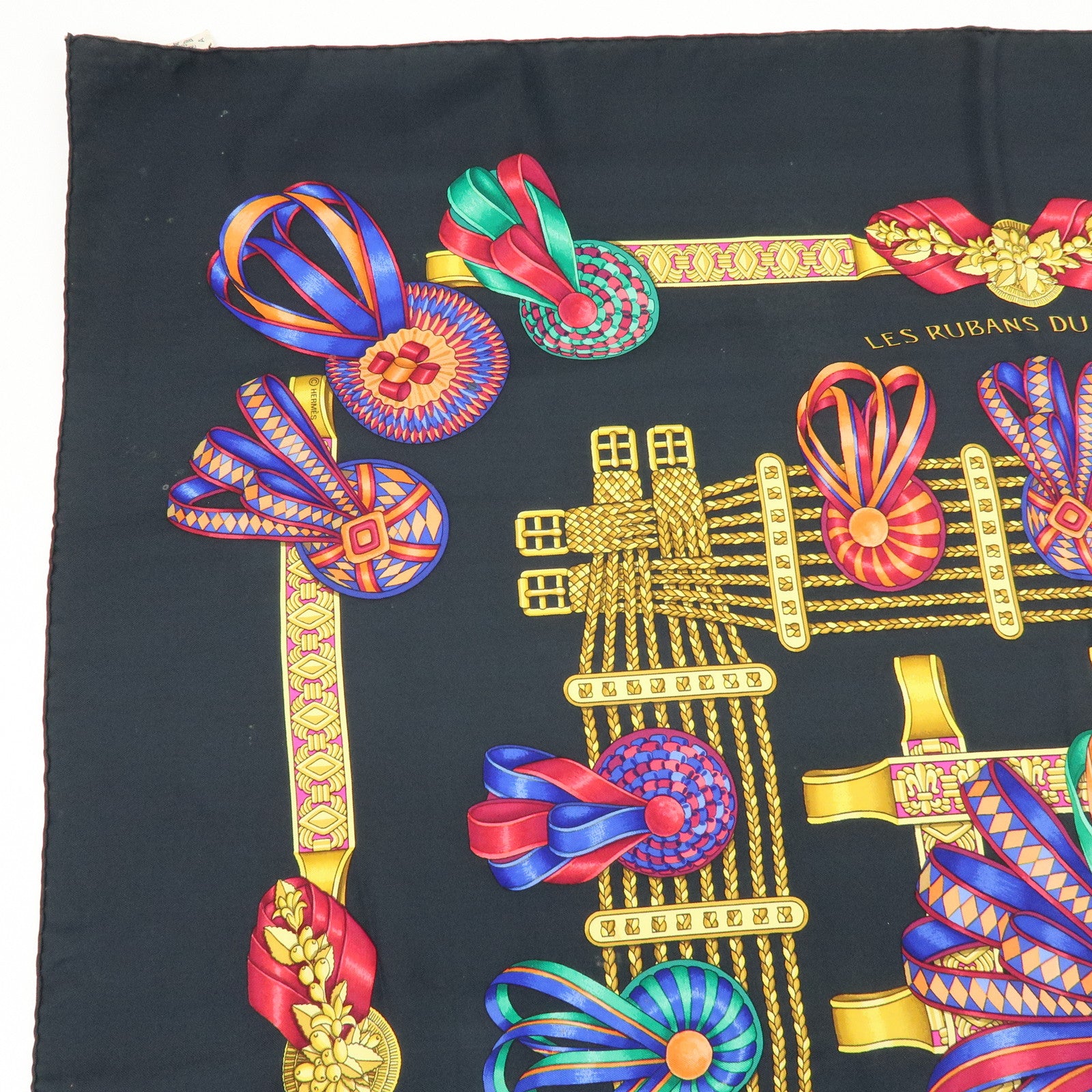 HERMES Carre 90 Silk 100% Scarf LES RUBANS DU CHEVAL Black
