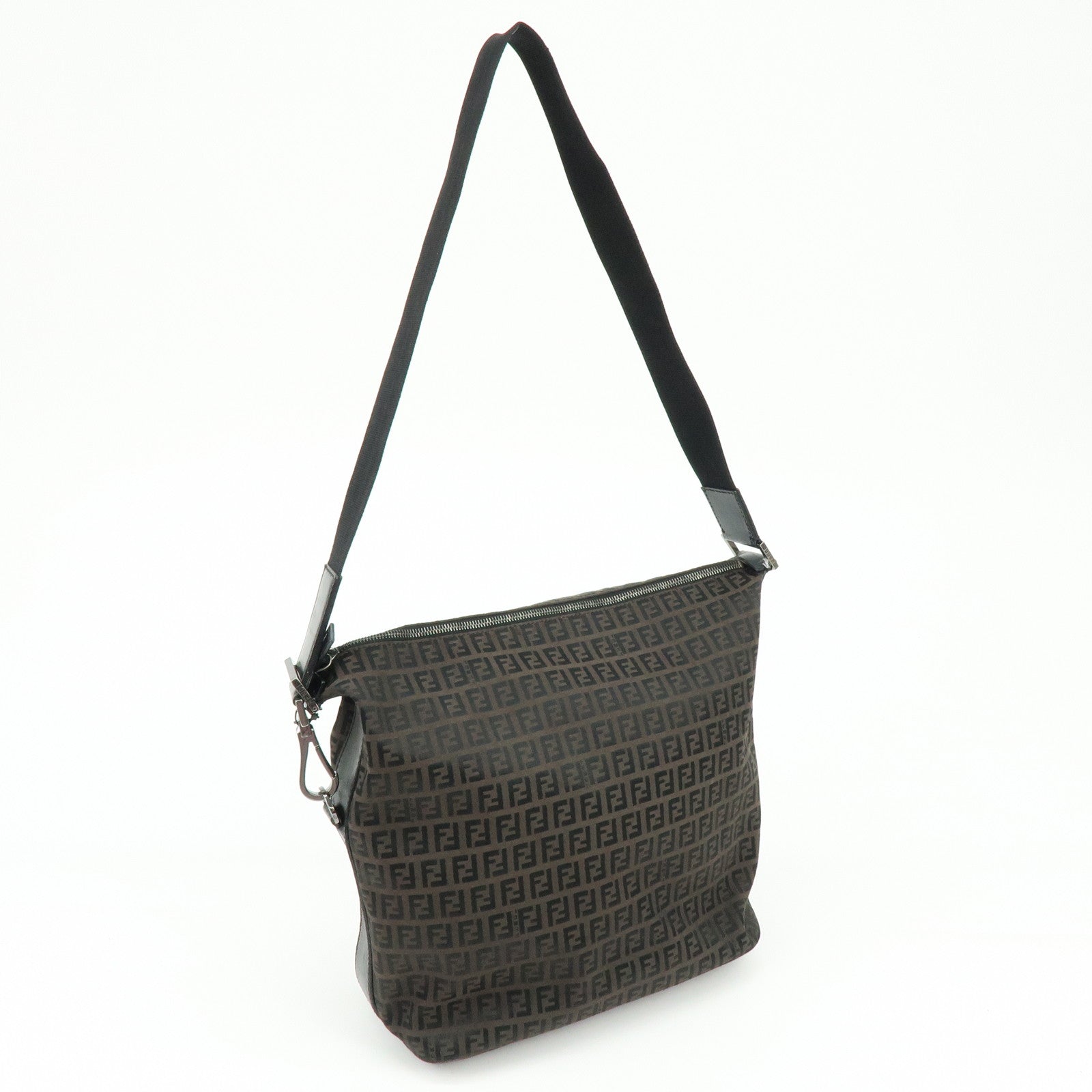 FENDI Zucca Canvas Leather Shoulder Bag Brown Black 7VA003