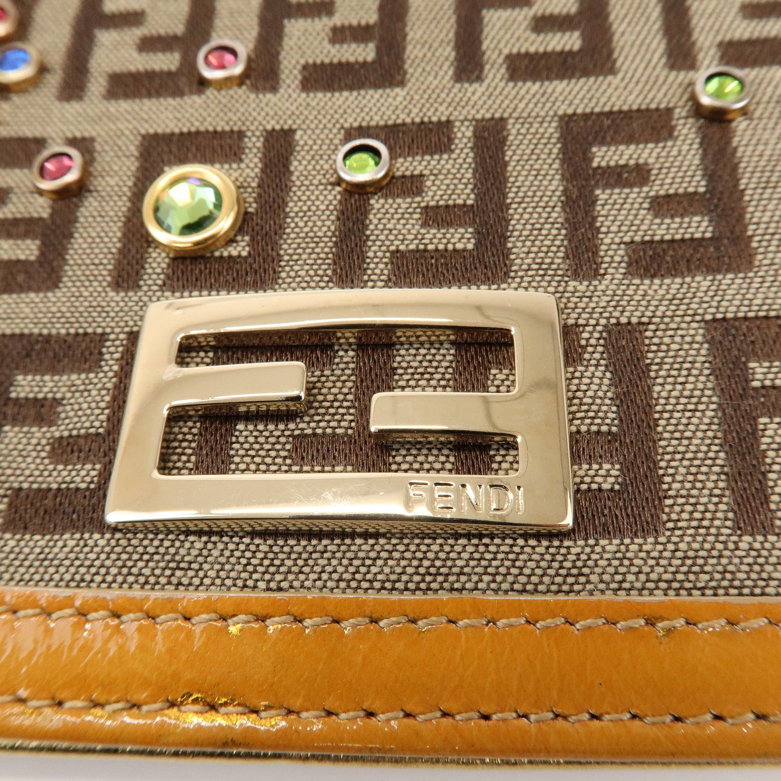 FENDI Zucchino Canvas Leather Chain Long Wallet Brown Gold 8M0219