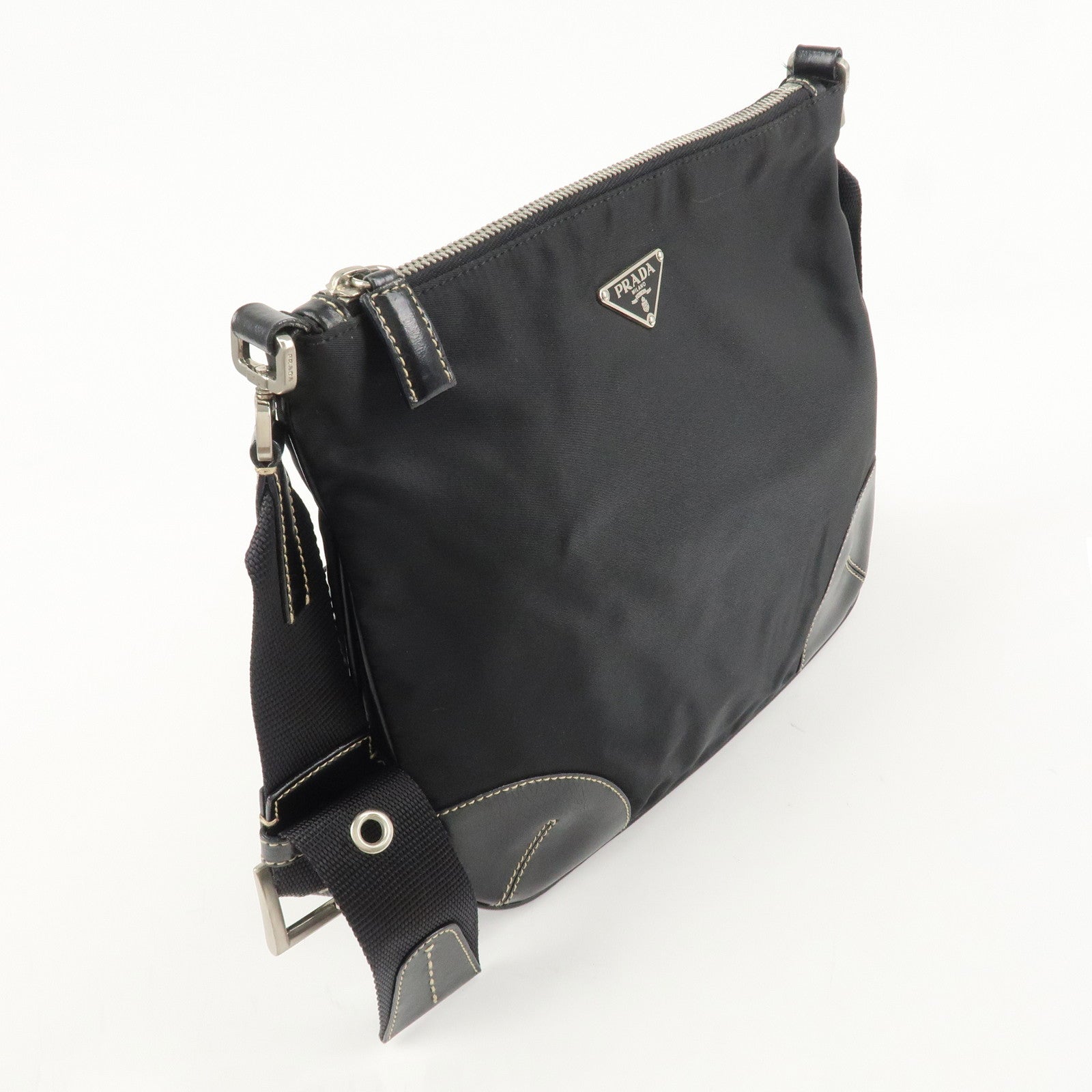 PRADA Triangle Logo Leather Nylon Shoulder Bag Crossbody Bag Black Used
