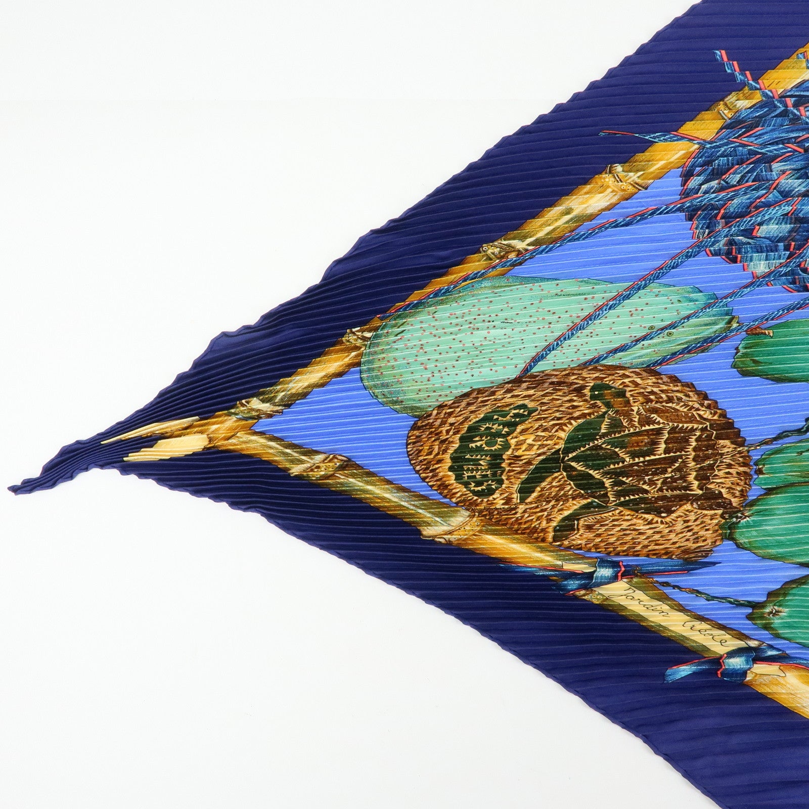 HERMES Pleated Carre 90 Silk 100% Scarf Jardin Creole Navy