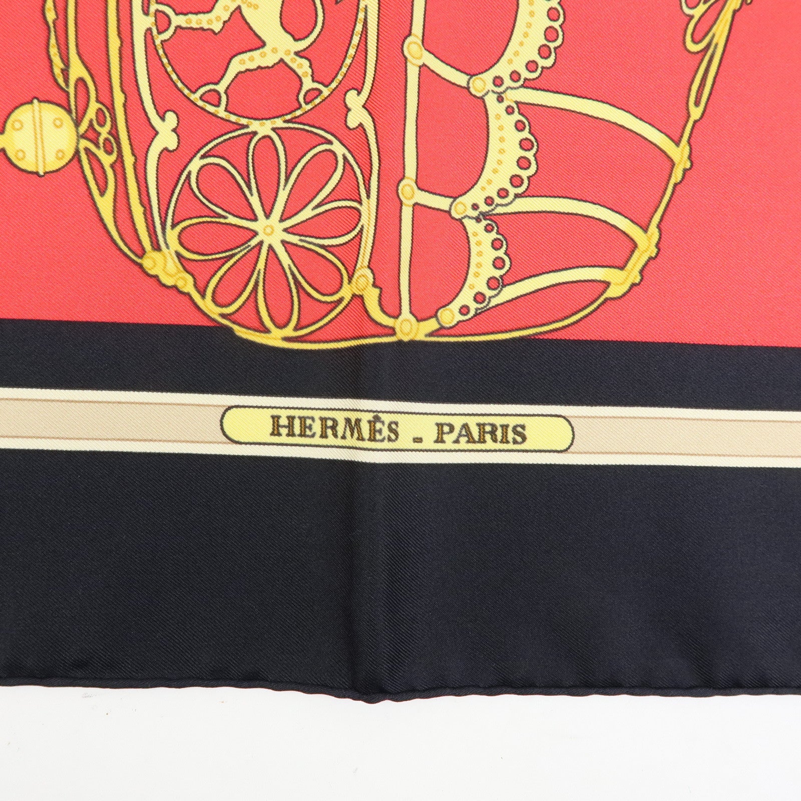HERMES Carre 90 Silk 100% Scarf LES MUSEROLLES Black Red Gold