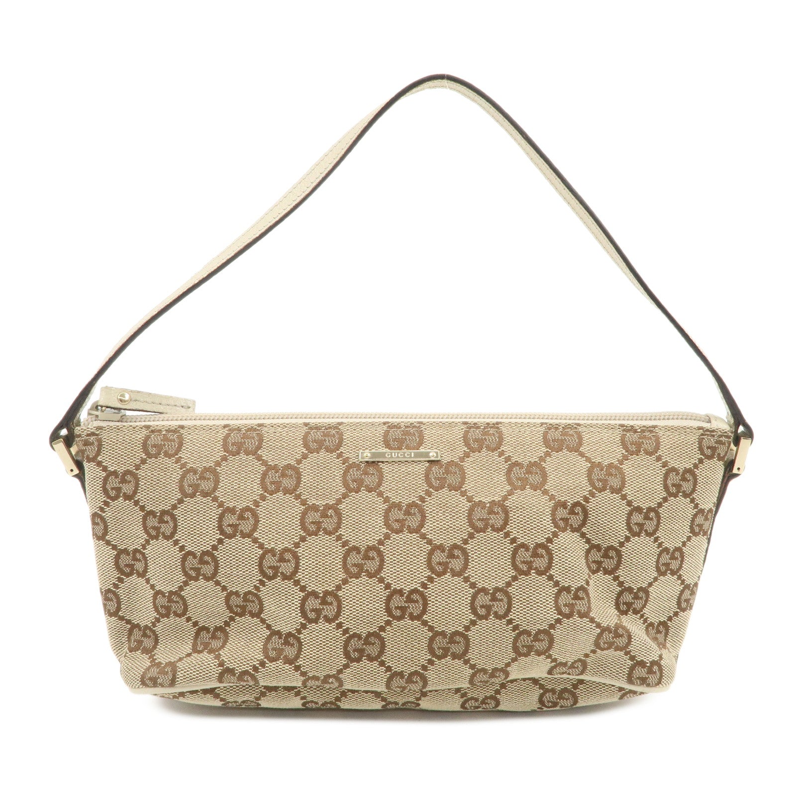 GUCCI Boat Bag GG Canvas Leather Hand Bag Pouch Brown Ivory 07198
