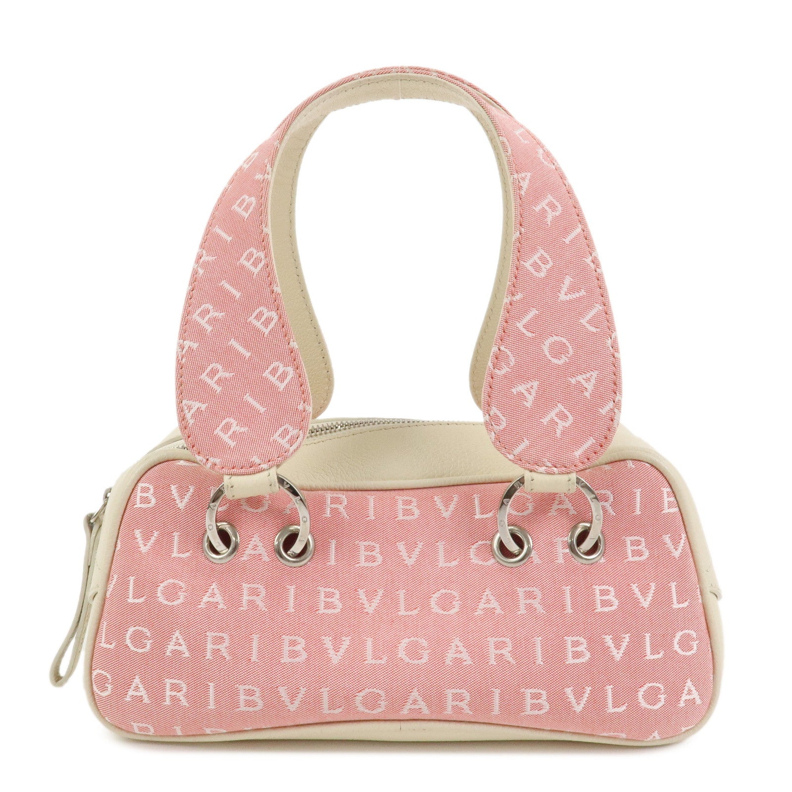BVLGARI Logo Mania Canvas Leather Hand Bag Pink Ivory