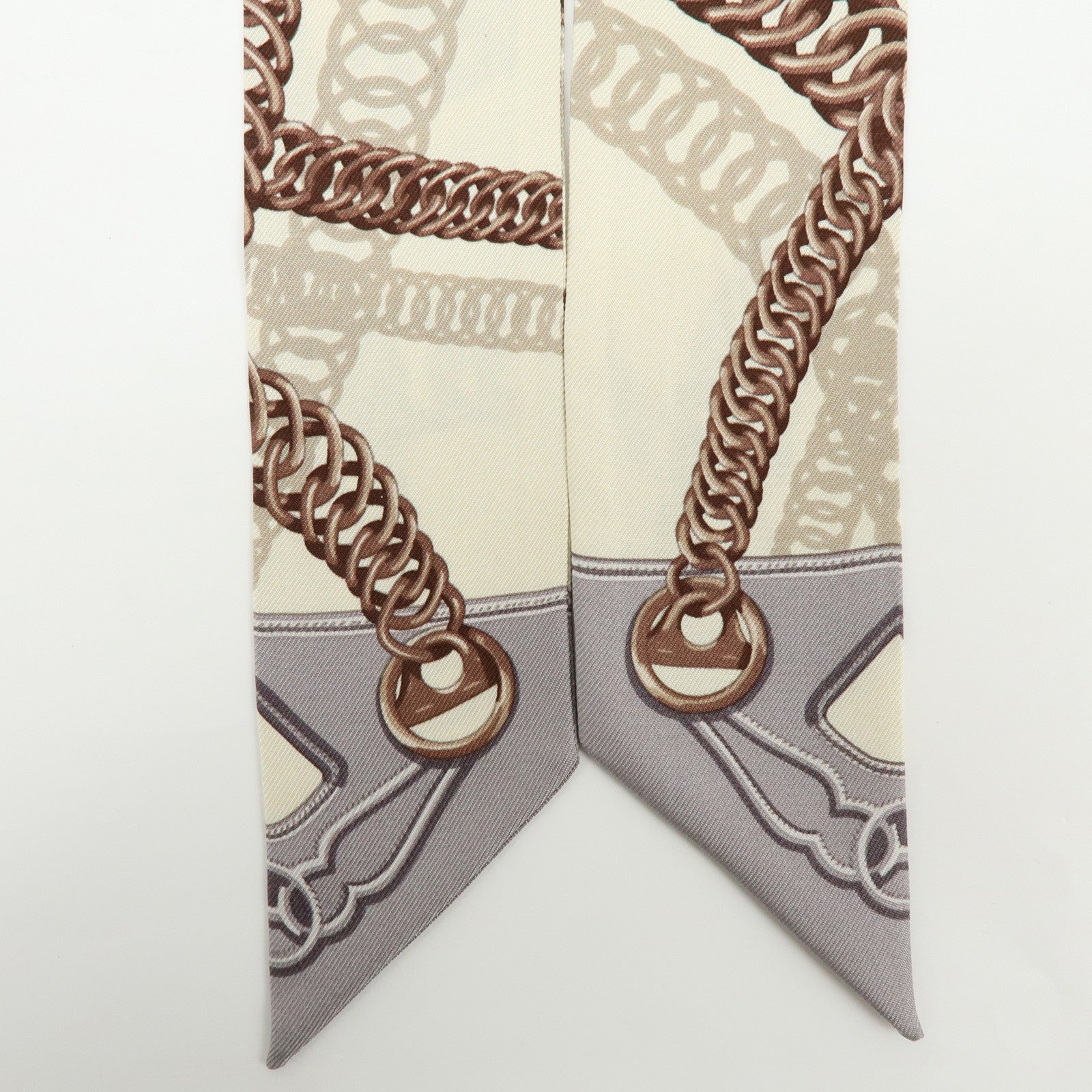 HERMES Twilly Silk 100% Scarf Chain Print Ivory Brown