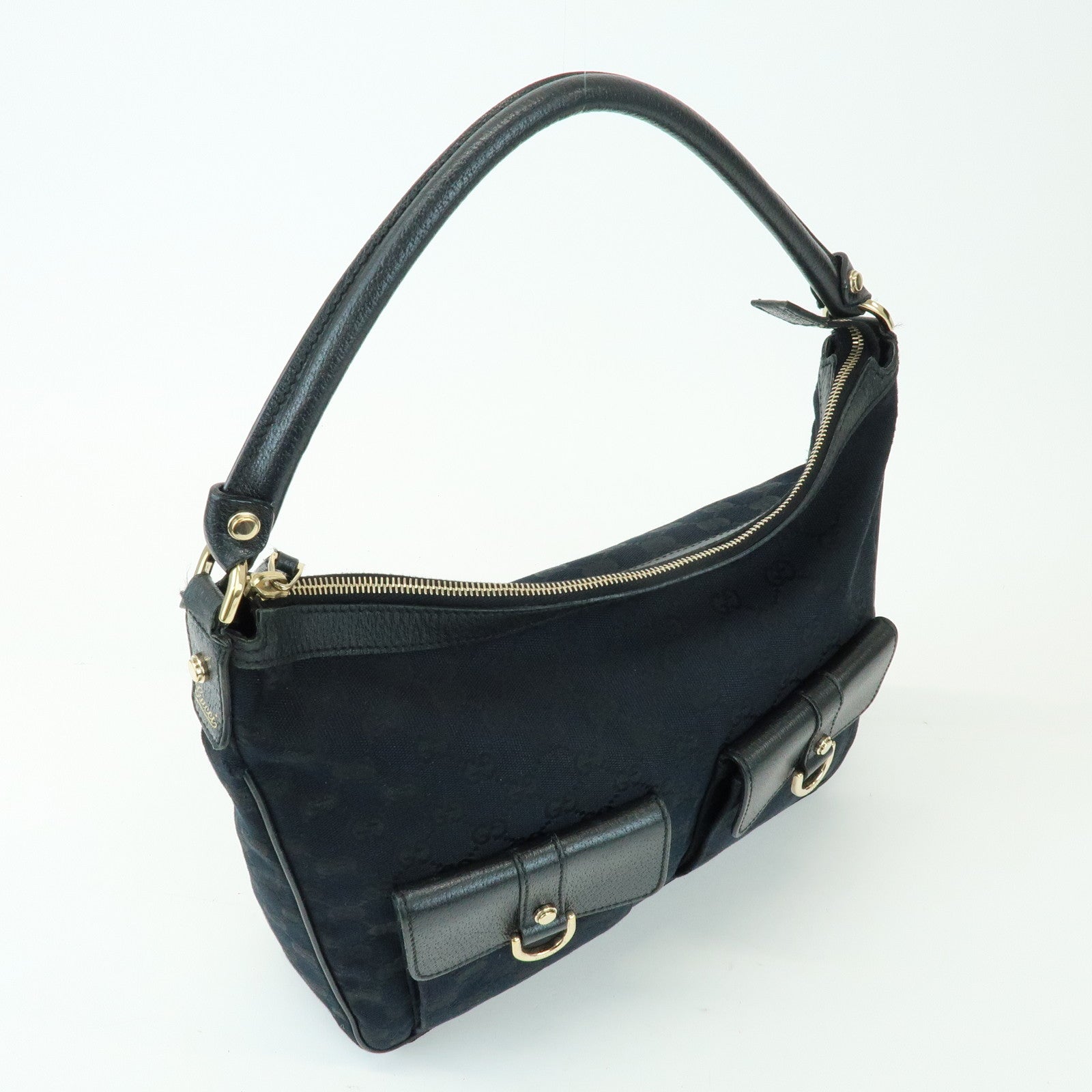 GUCCI GG Canvas Leather Front Pocket Shoulder Hand Bag Black 153025