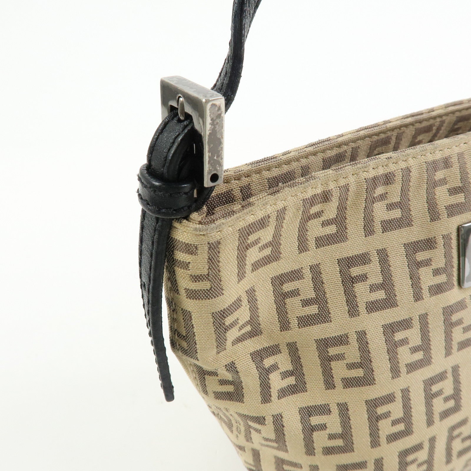 FENDI Zucchino Canvas Leather Mini Hand Bag Beige Black 8BK031