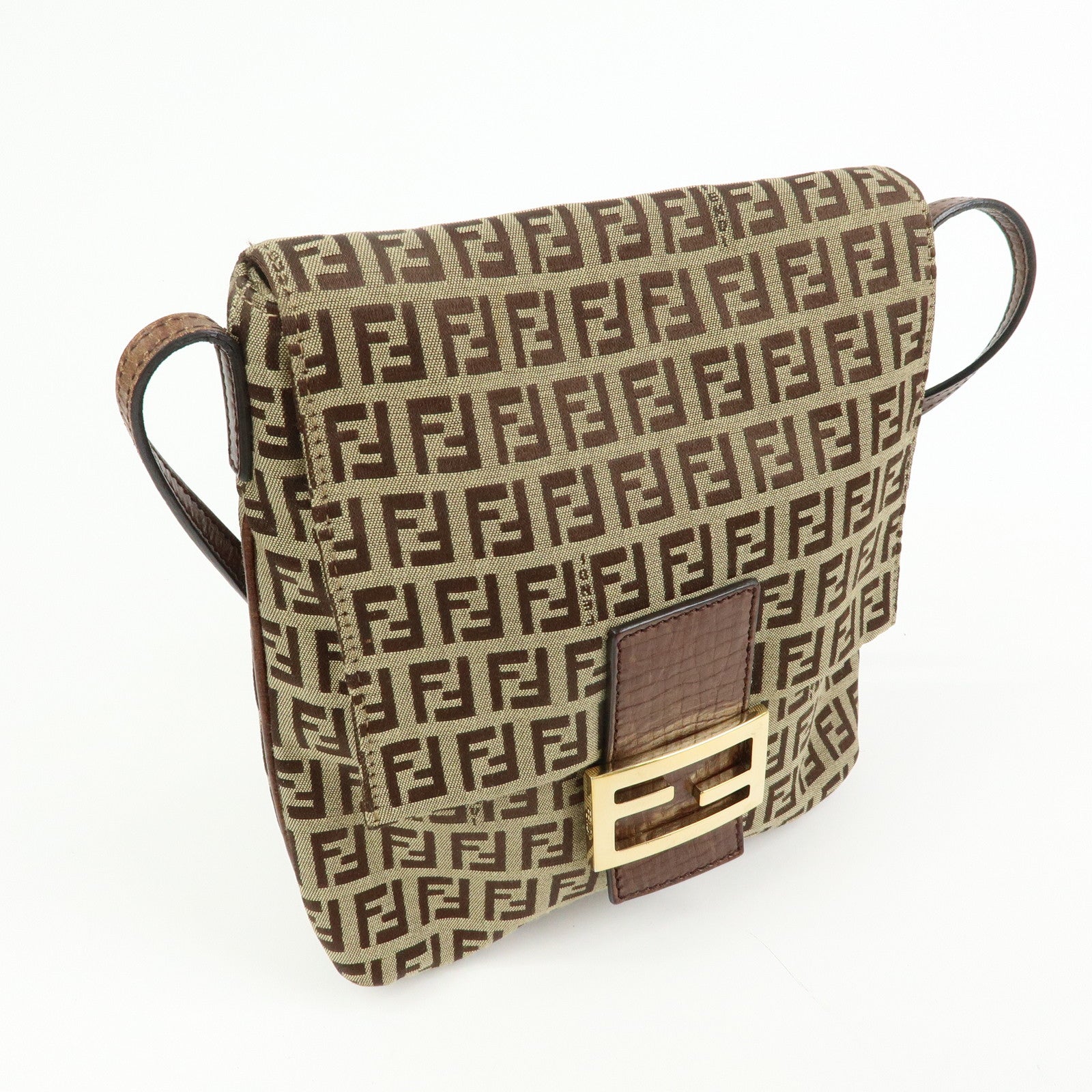FENDI Zucchino Canvas Leather Shoulder Crossbody Bag Brown 8BT075