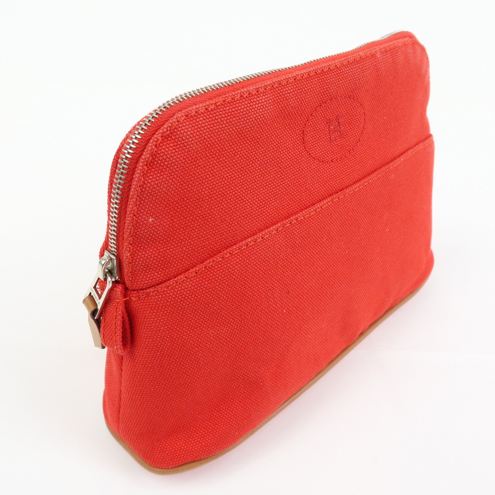 HERMES Canvas Leather Bolide Pouch Mini Cosmetic Makeup Pouch Red