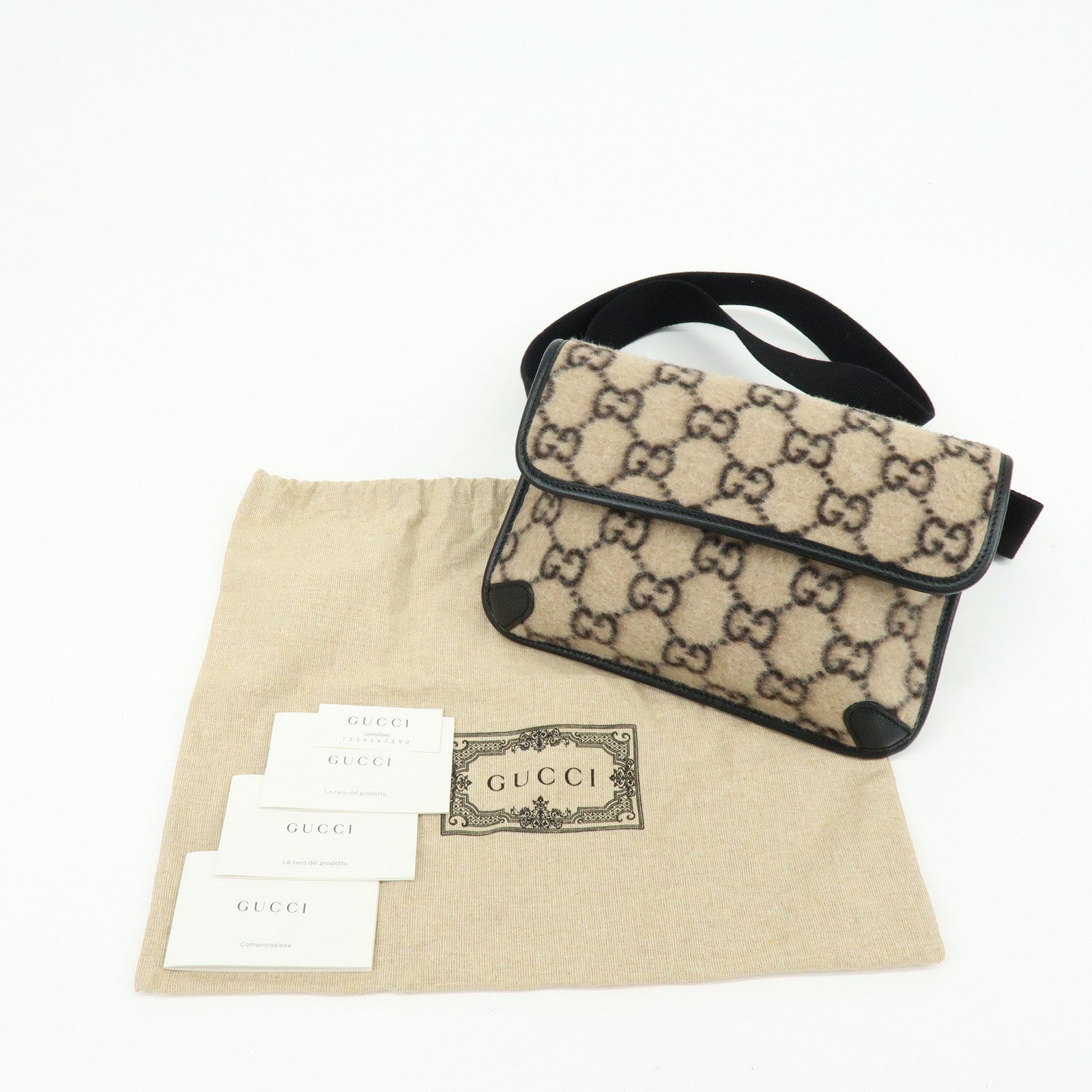 GUCCI GG Wool Leather Waist Pouch Body Bag Beige Black 598181
