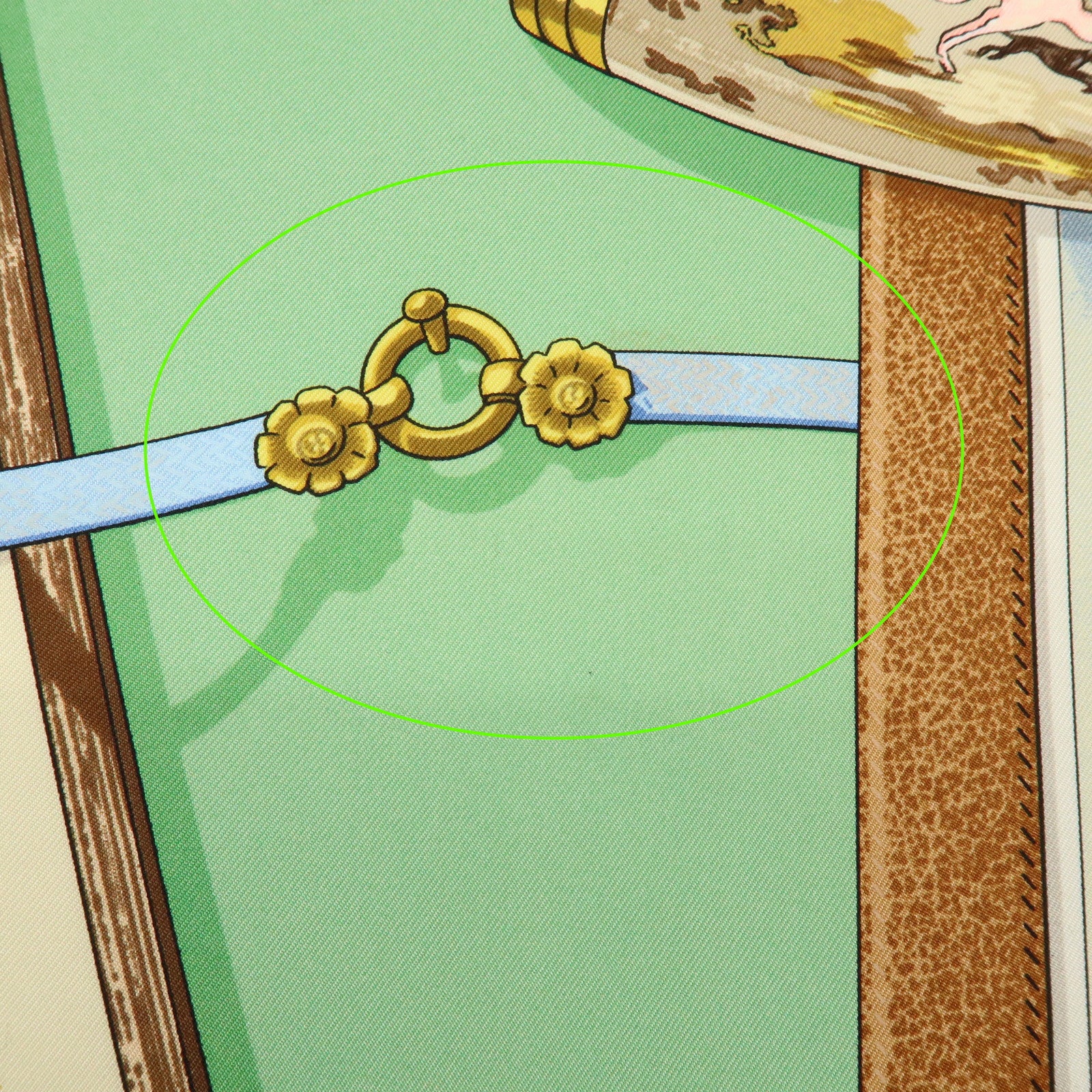 HERMES Carre 90 Silk 100% Memoire d'Hermes Scarf Green Brown Gold