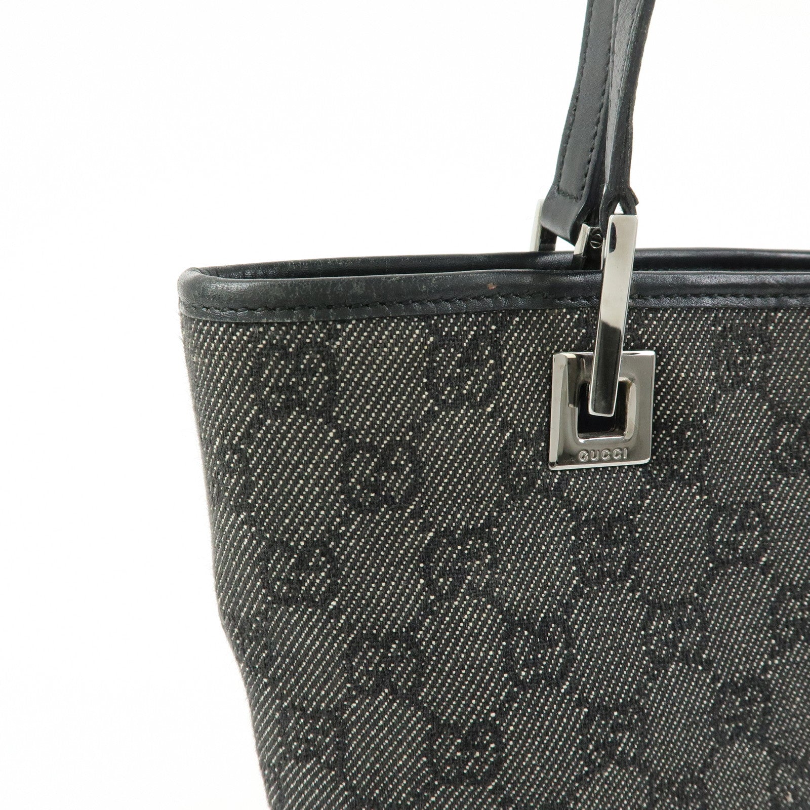 GUCCI GG Denim Leather Tote Bag Shoulder Bag Black 31244